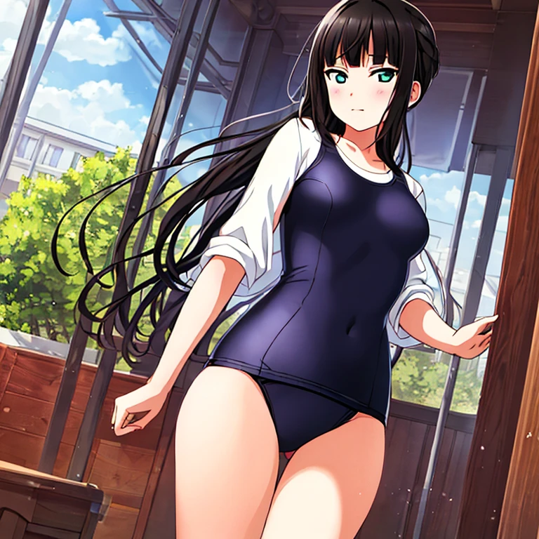 best quality, very aesthetic, Super detailed, best illustration, 1girl, おっぱい, black_hair, blunt_bangs, school swimsuit