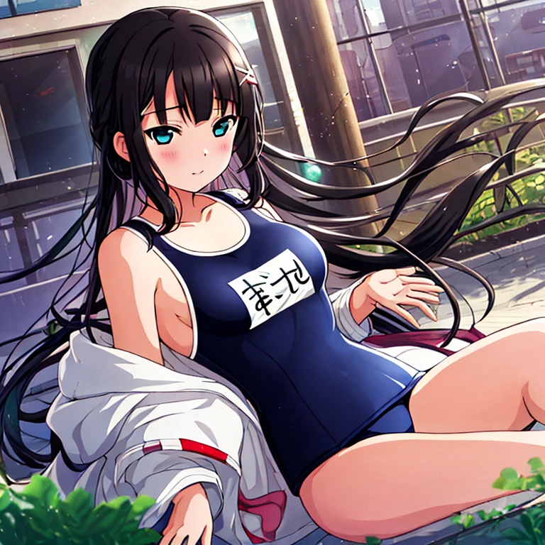 best quality, very aesthetic, Super detailed, best illustration, 1girl, おっぱい, black_hair, blunt_bangs, school swimsuit