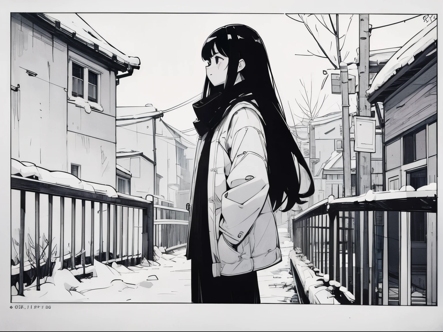 Comic style、black and white、Tone processing、Standing picture、white background、girl in winter clothes