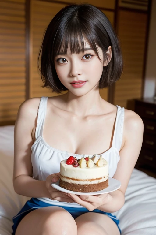 short cut hair,beautiful,K-POP idol,japanese idol,japanese actress,High resolution,beautiful skin,8K,RAW photo,highest quality,masterpiece,realistic,photo-realistic,clear,professional lighting,beautiful顔,highest quality,超High resolution,whole body,sexy,beautiful feet,beautiful歯列, beautiful唇,smile,cake,cookies,chocolate,sexyな下着,Heavy cream
