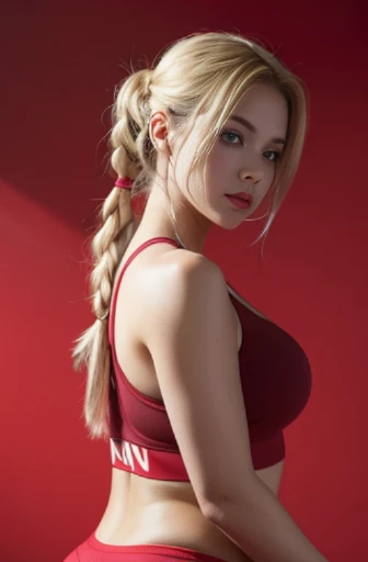 a woman in red leggings in a gym, a picture, instagram, baroque, blond hair with pigtails, glossy shiny reflective, in front and behind, avatar image, fit curvy physique, maroon accents, taken in 2 0 2 0, girl with plaits, sport bra and shorts, smooth in _ the background, over the shoulder view, middle body shot, tail