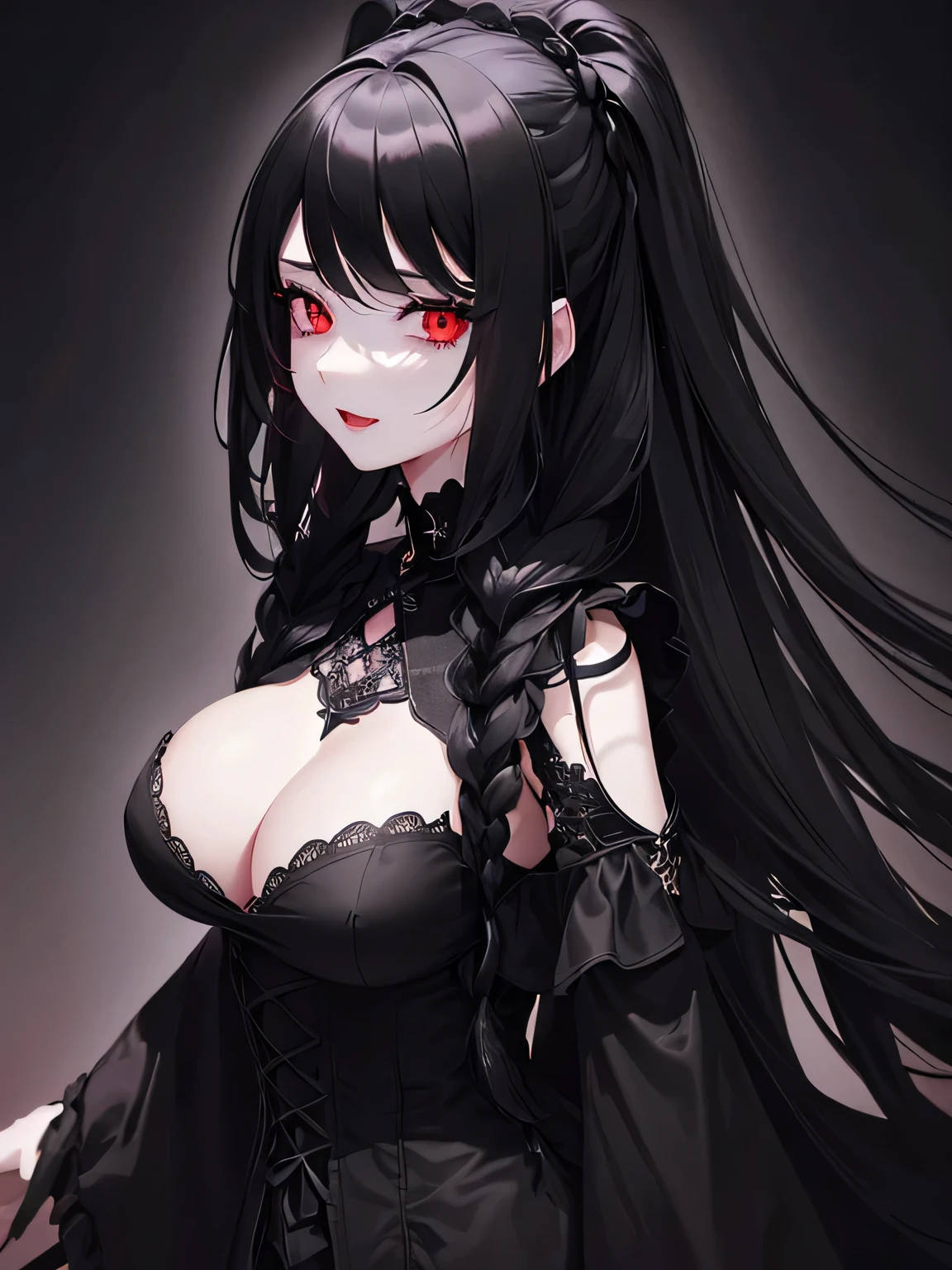 1 girl,Depp's Sense,confused,catch light,Super beautiful illustration,(black color,long hairstyles:1.6),turn around,Dark black eyeshadow,bright red lipstick,Gothic ta,Upper body,;d,beautiful and delicate flowing hair,delicate and detailed red eyes,emphasized chest,big breasts