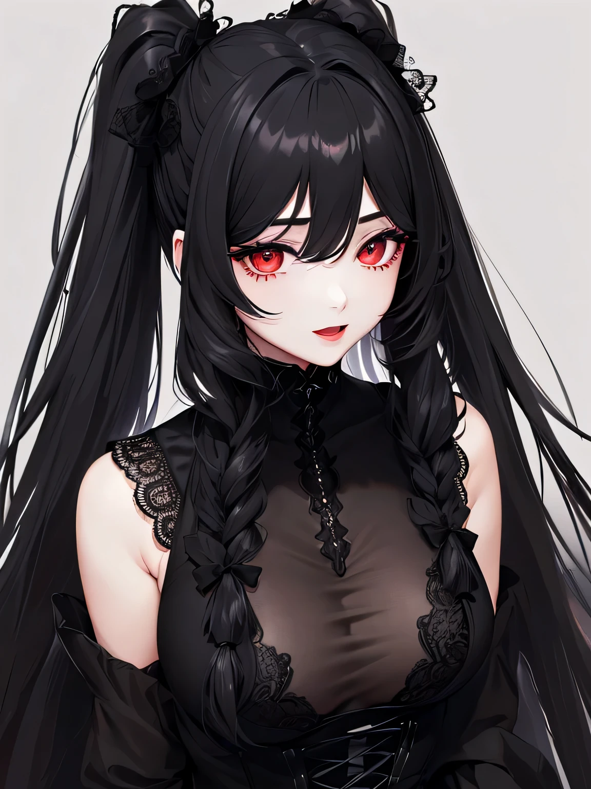 1 girl,Depp's Sense,confused,catch light,Super beautiful illustration,(black color,long hairstyles:1.6),turn around,Dark black eyeshadow,bright red lipstick,Gothic Lolita,Upper body,;d,beautiful and delicate flowing hair,delicate and detailed red eyes,emphasized chest,big breasts