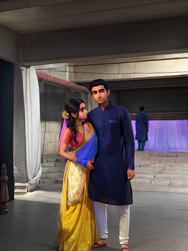 Young indian man and woman, man wearing black kurta and white pajama, woman wearing yellow lehenga with multicolour red blue green chunni, man looking at camera, woman looking at side, womans hand near her head, man and woman standing close to each other side hug, man is taller than woman