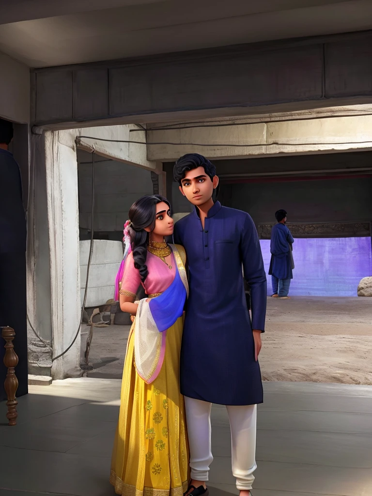 Young indian man and woman, man wearing black kurta and white pajama, woman wearing yellow lehenga with multicolour red blue green chunni, man looking at camera, woman looking at side, womans hand near her head, man and woman standing close to each other side hug, man is taller than woman