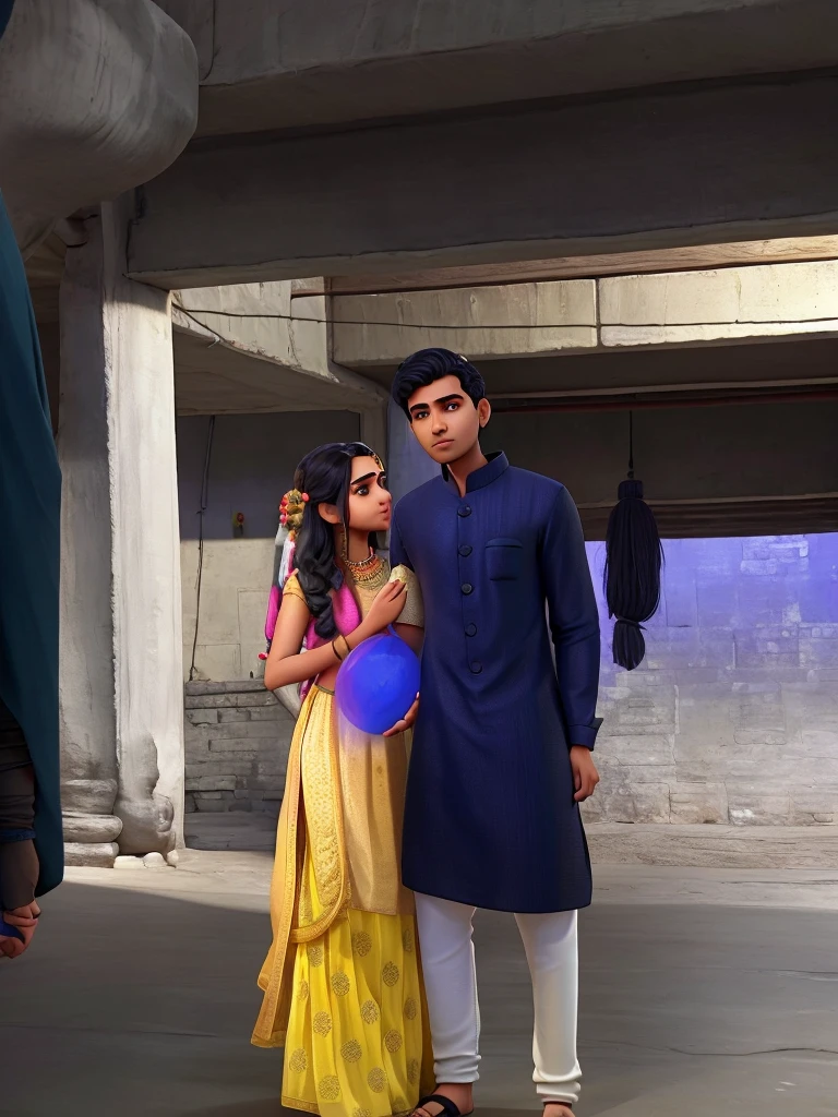 Young indian man and woman, man wearing black kurta and white pajama, woman wearing yellow lehenga with multicolour red blue green chunni, man looking at camera, woman looking at side, womans hand near her head, man and woman standing close to each other side hug, man is taller than woman