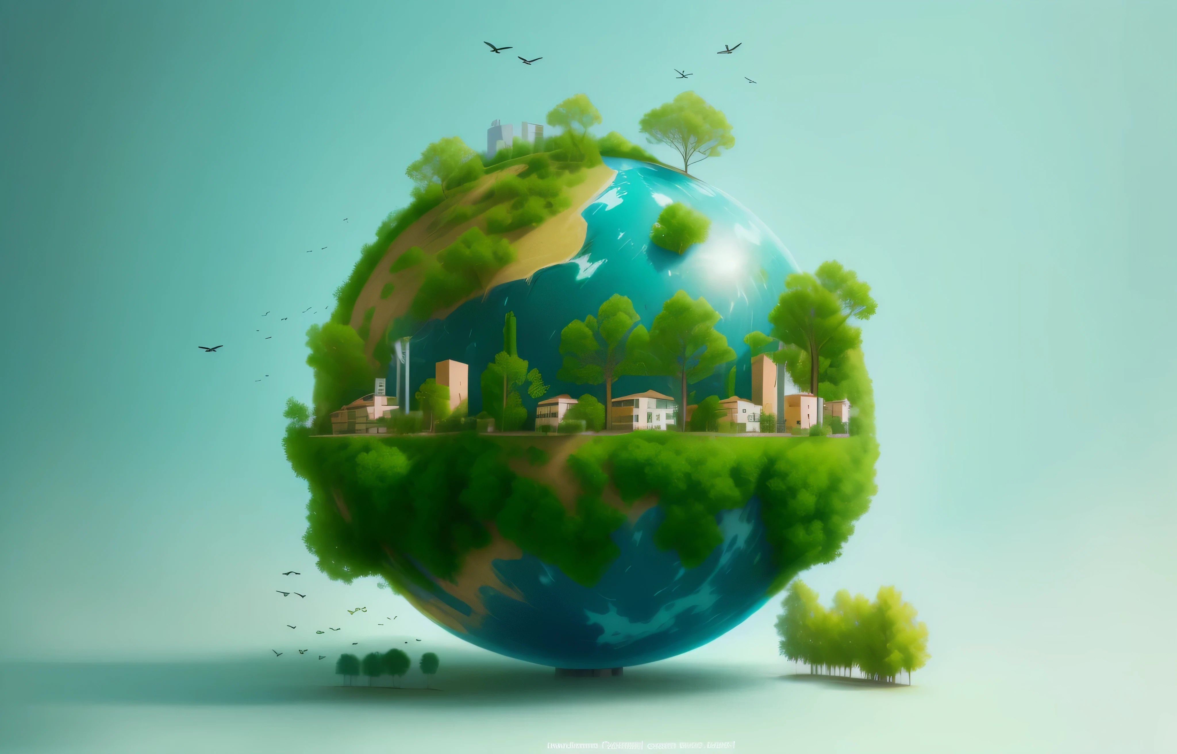 Planeta Sustentaval, Planeta Terra, 6 Wind towers, 4 placas solares, trees, casas, sustentabilidade