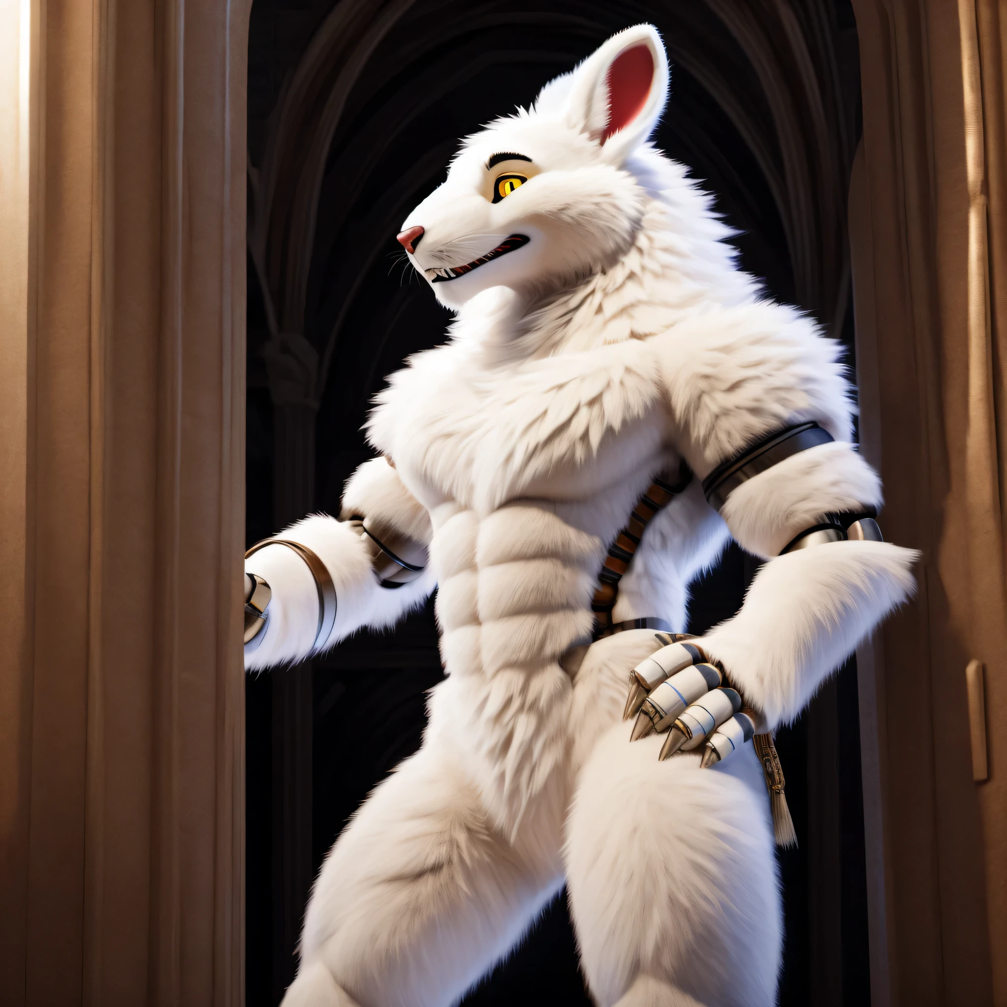 A 7 foot tall animatronic male white rabbit with yellow eyes. 8k HD, hdr, masterpiece, full body, ultra detailed eyes, ultra detailed body, ultra detailed face,