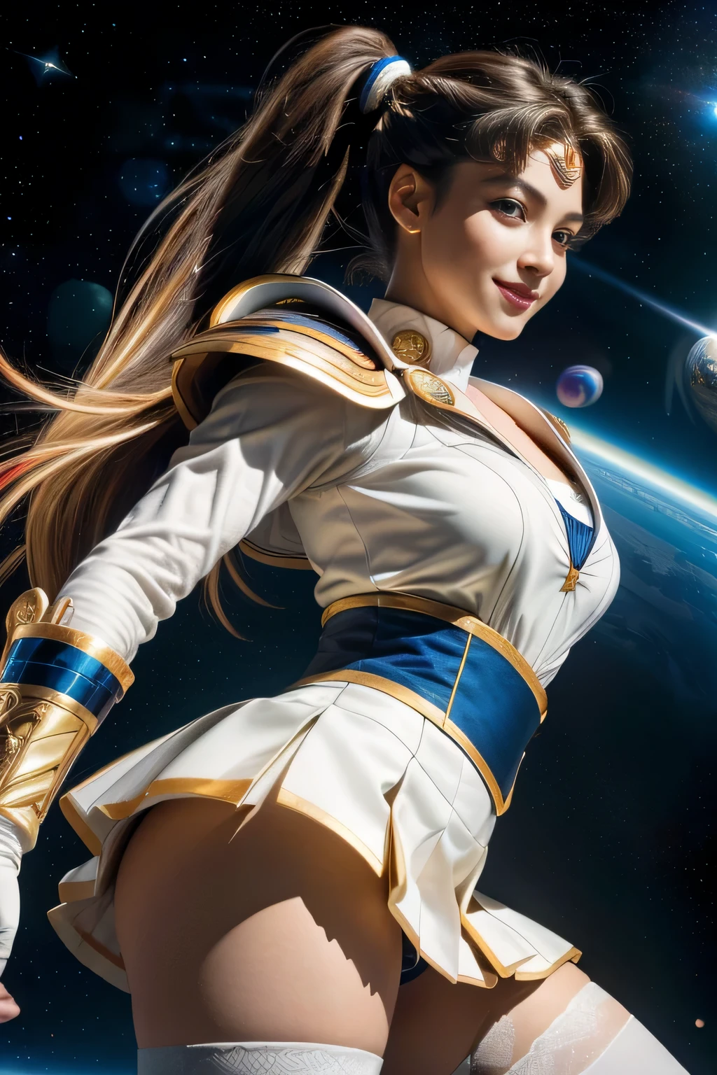 ((close up of face)), (Highly detailed CG Unity 8K wallpaper, masterpiece, 最high quality), (exquisite light and shadow, Very dramatic pictures, cinematic lens effects), (sailor moon), delicate features, plump body, double ponytail, blue eyes, long blonde hair, tight top, white gloves, mini skirt, black stockings, dynamic pose), ((The background is space)), (excellent details, excellent lighting, wide angle), (Excellent rendering is、Enough to stand out in class), pieces fly, 最high quality, Super detailed, masterpiece, 最high quality, high quality, High resolution、unparalleled beauty、((Complex and colorful costumes))、Pose with movement、smile、(((close up of face)))、