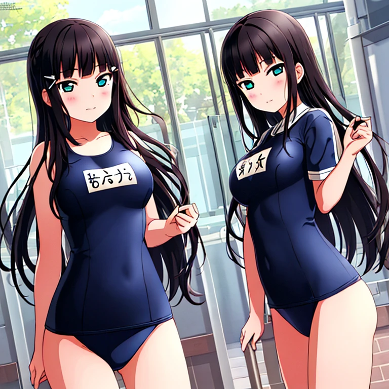 best quality, very aesthetic, Super detailed, best illustration, 1girl, おっぱい, black_hair, blunt_bangs, school swimsuit