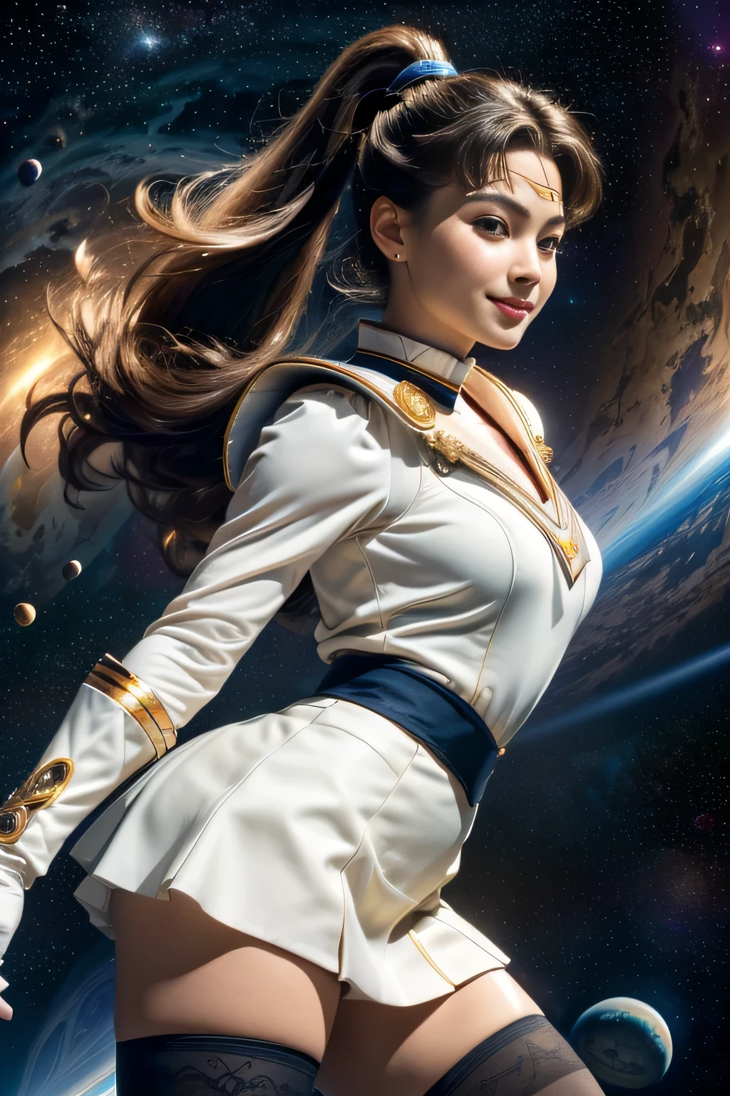 ((close up of face)), (Highly detailed CG Unity 8K wallpaper, masterpiece, 最high quality), (exquisite light and shadow, Very dramatic pictures, cinematic lens effects), (sailor moon), delicate features, plump body, double ponytail, blue eyes, long blonde hair, tight top, white gloves, mini skirt, black stockings, dynamic pose), ((The background is space)), (excellent details, excellent lighting, wide angle), (Excellent rendering is、Enough to stand out in class), pieces fly, 最high quality, Super detailed, masterpiece, 最high quality, high quality, High resolution、unparalleled beauty、((Complex and colorful costumes))、Pose with movement、smile、(((close up of face)))、