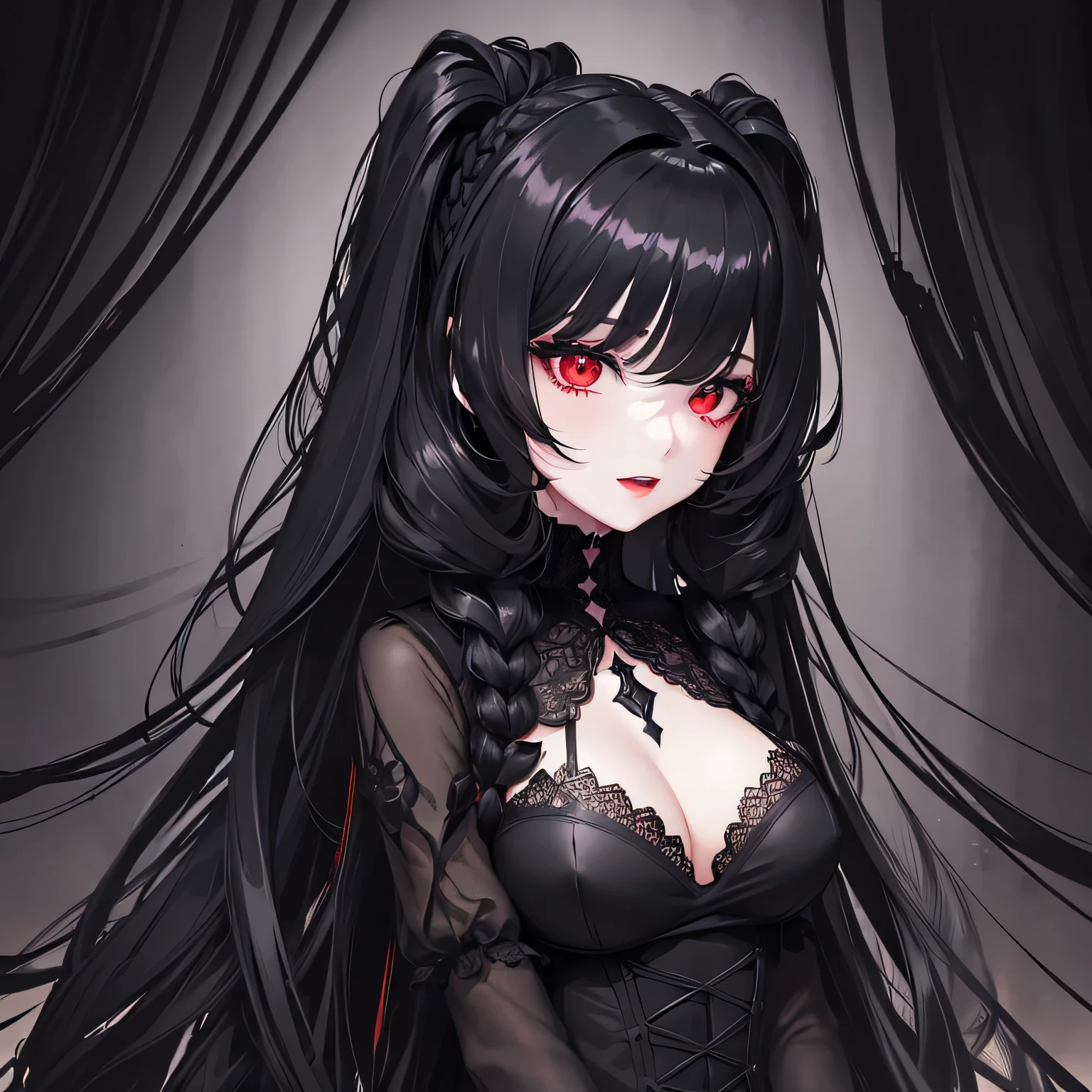 1 girl,Depp's Sense,confused,catch light,Super beautiful illustration,(black color,long hairstyles:1.6),turn around,dark dark eyeshadow,bright red lipstick,Gothic Lolita,Upper body,;d,beautiful and delicate flowing hair,delicate and detailed red eyes,emphasized chest,big breasts