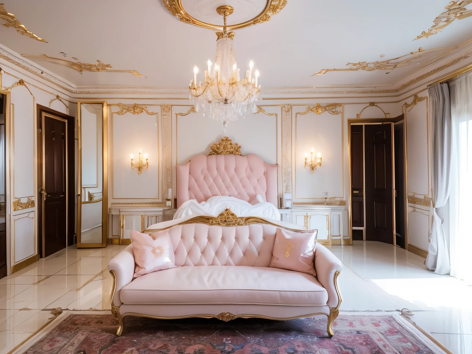 Modern villa interior,cloakroom,European retro style,The decoration color is mainly pink and white,Thin gold threads on the wall,The ceiling has a white and gold crystal chandelier,Hardwood floors,There is a leather pink seat in the middle,Women's clothes are neatly arranged in the wardrobes on both sides.,Mainly leather pink,White and gray supplemented,HD realistic style,Plenty of light and bright,Soft and beautiful lighting