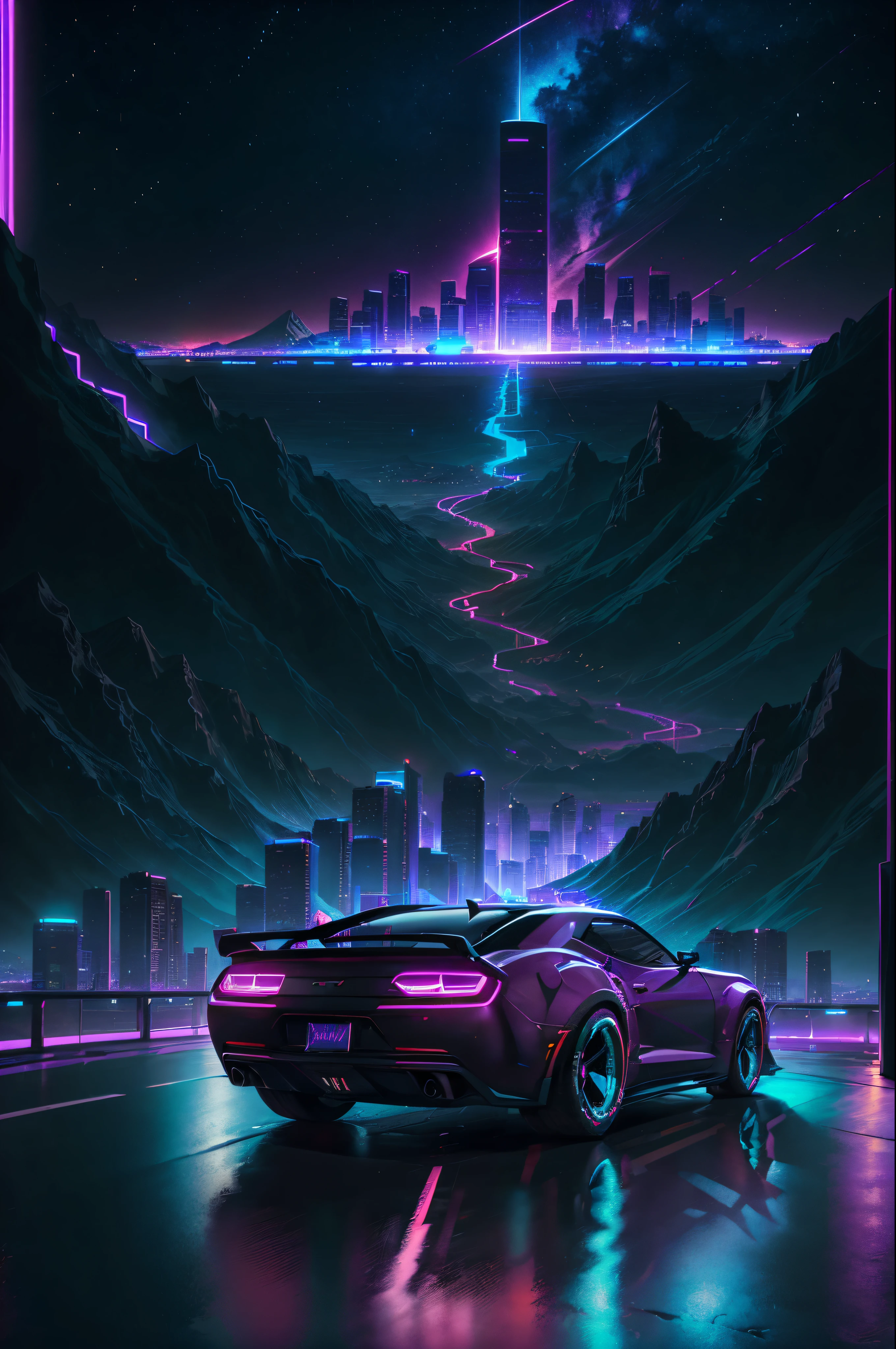 retrowave. city, 2018 chervolet camaro, wide body kit, road, purple neon lights, sun, mountain,
(masterpiece,detailed,highres),