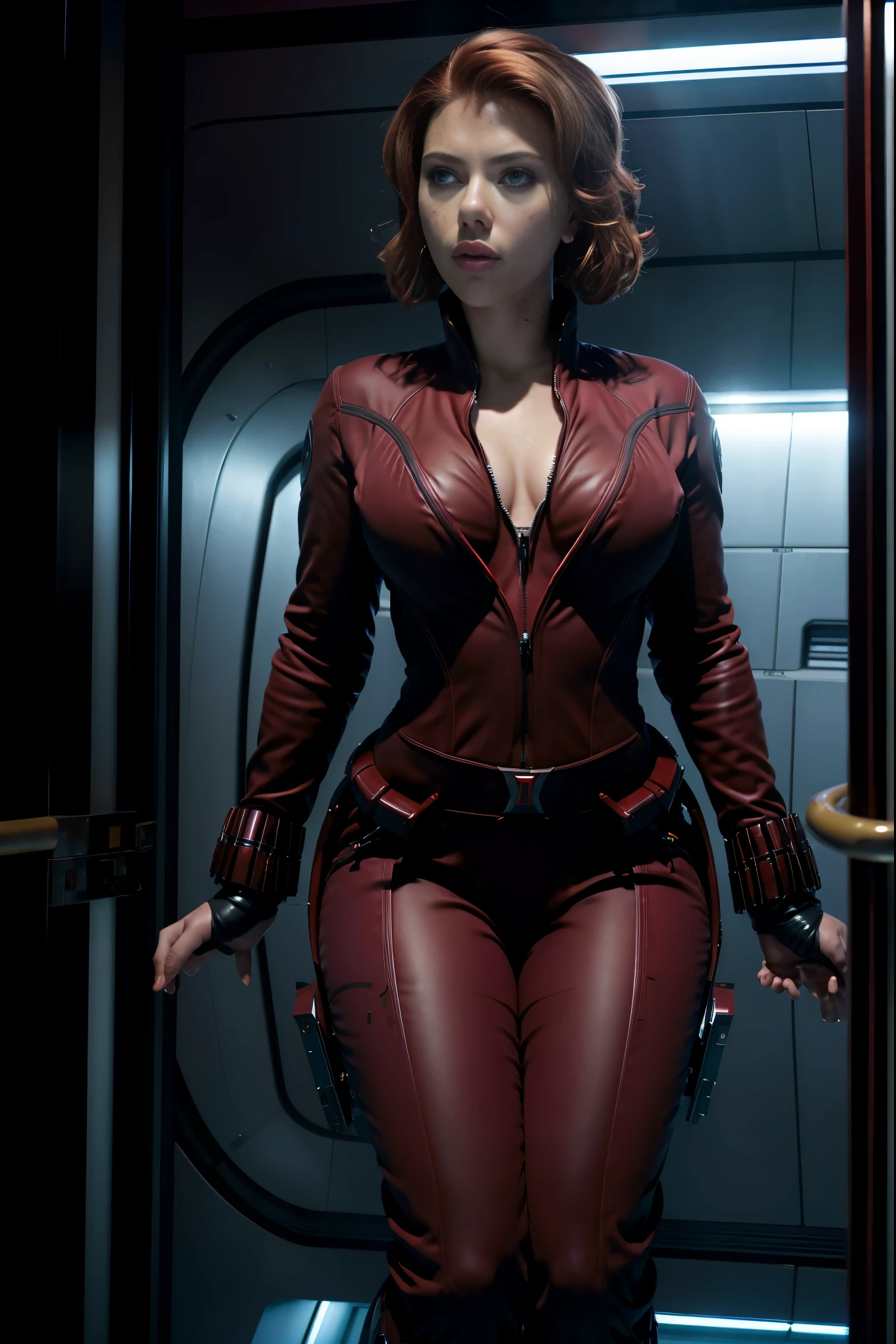 ((best quality)), ((masterpiece)), ((Scarlett Johansson)) (detailed), perfect face, 30 year old woman, Sensual pose, sexy, Inside a spaceship, wearing red swingsuit,  traje ajustado sexy, big boobs, big butt, small waist, full body