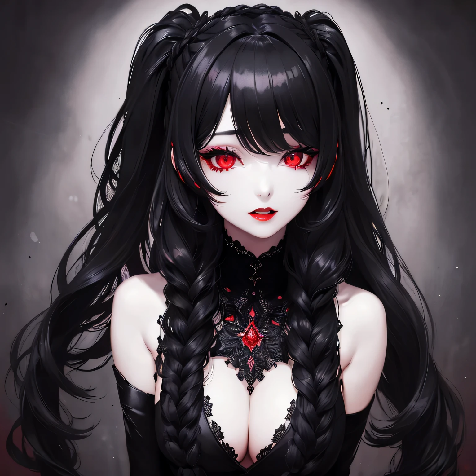 1 girl,Depp's Sense,confused,catch light,Super beautiful illustration,(black color,long hairstyles:1.6),turn around,dark dark eyeshadow,bright red lipstick,Gothic Lolita,Upper body,;d,beautiful and delicate flowing hair,delicate and detailed red eyes,emphasized chest,big breasts