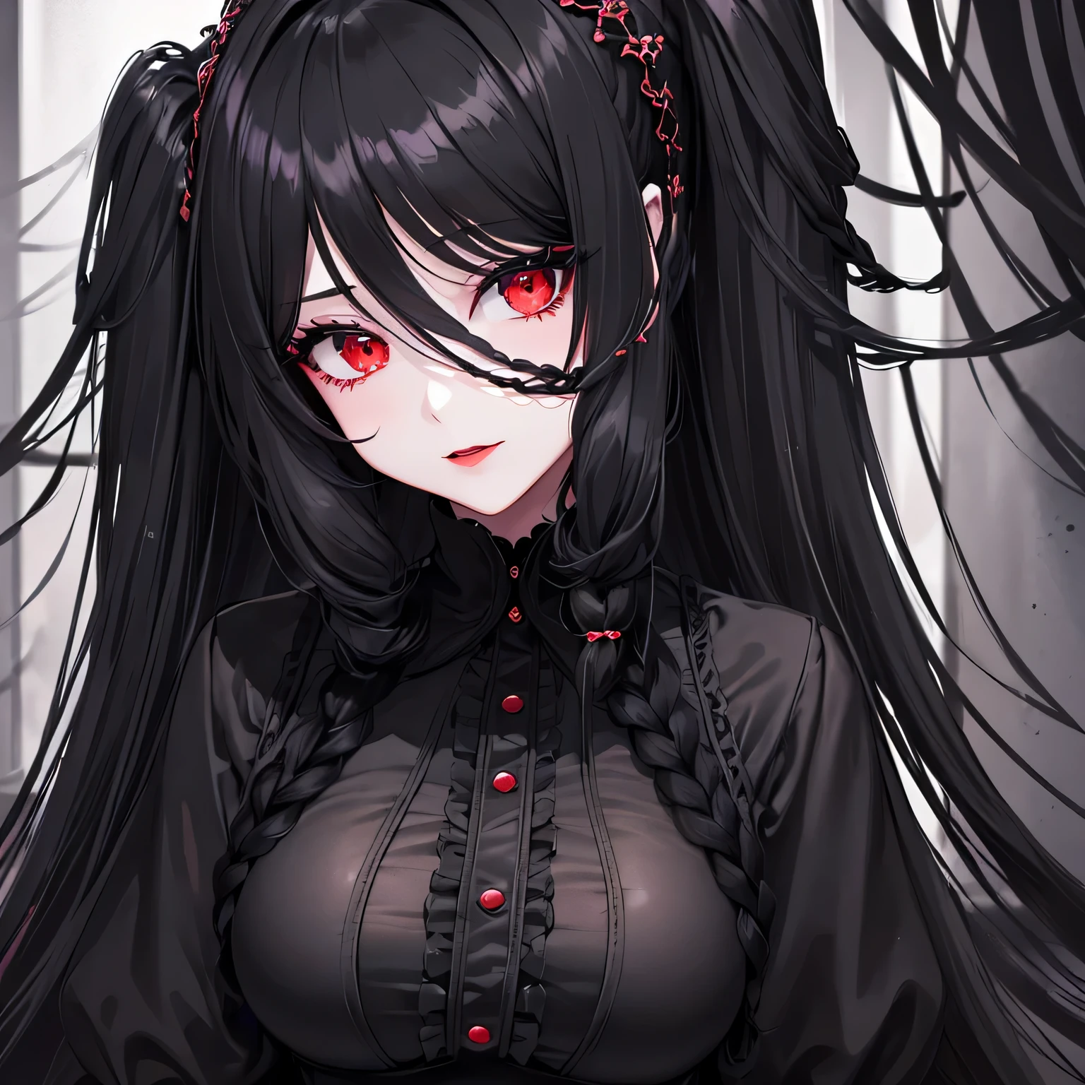 1 girl,Depp's Sense,confused,catch light,Super beautiful illustration,(black color,long hairstyles:1.6),turn around,dark dark eyeshadow,bright red lipstick,Gothic Lolita,Upper body,;d,beautiful and delicate flowing hair,delicate and detailed red eyes,big breasts