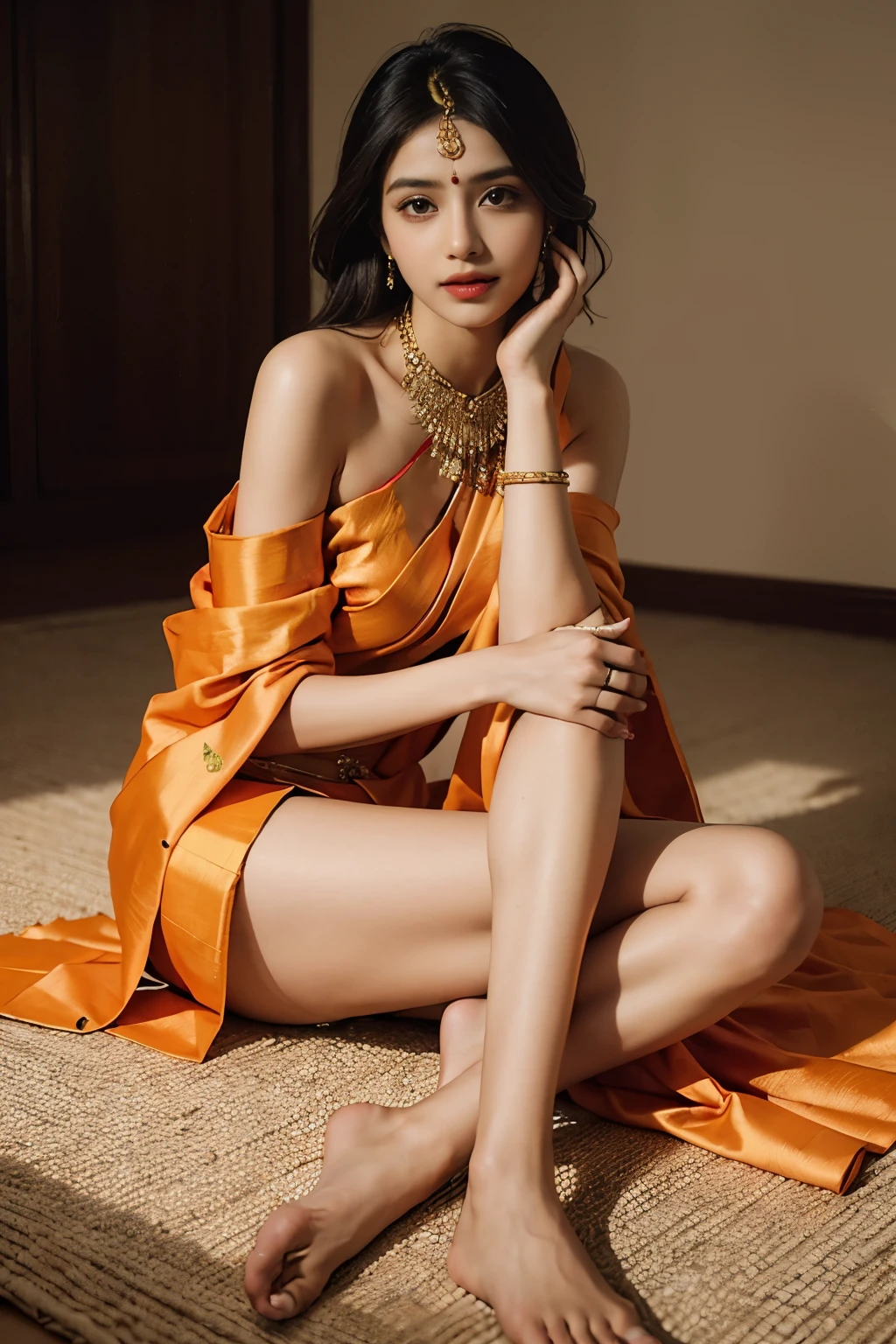 Masterpiece, highest quality, high resolution, solo presentation, Indian young woman, gracefully seated, wearing elegant saree, vibrant colors, intricate patterns, flowing fabric, revealing bindis, bare feet resting on the floor, traditional accessories adorning her neck and wrists, expressive eyes, expressing serenity or thoughtfulness.