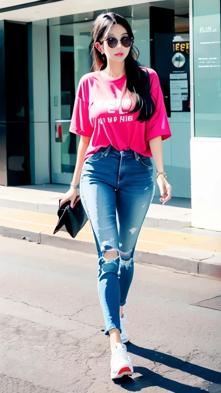 full body detailed image of a tall slender built American woman walking through the Lennox mall in Miami carrying shopping bags. Wearing tight jeans and and pink Gucci shirt and shades. Her straight black hair is pulled up in a tight ponytail. Cinematic, displaying richness