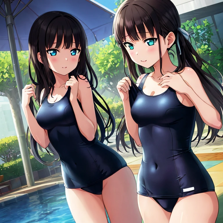 best quality, very aesthetic, Super detailed, best illustration, 1girl, おっぱい, black_hair, one-piece swimsuit