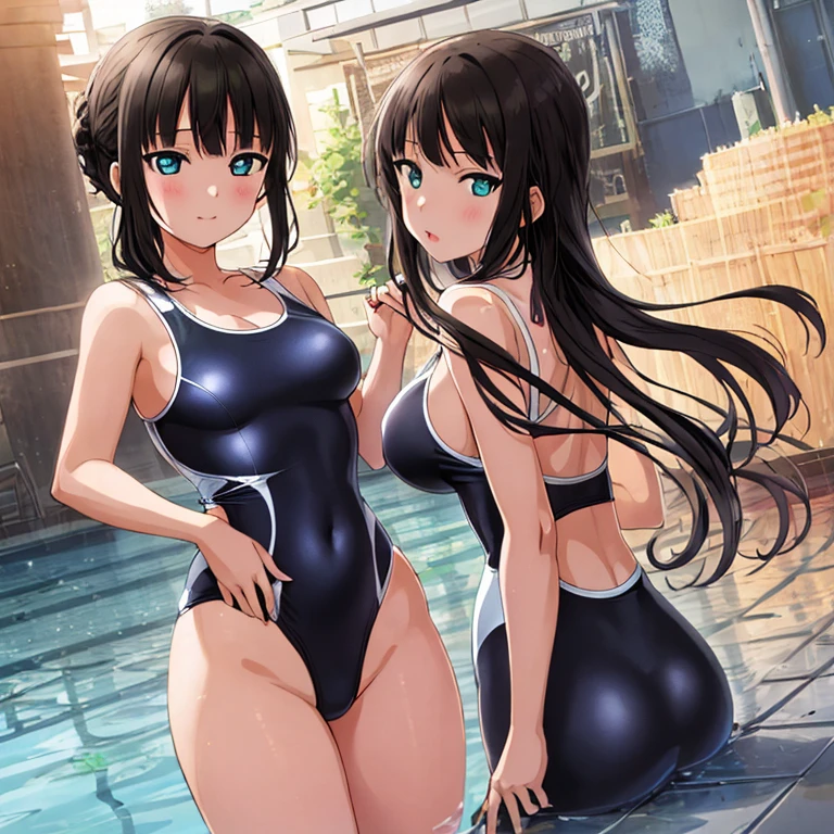 best quality, very aesthetic, Super detailed, best illustration, 1girl, おっぱい, black_hair, one-piece swimsuit