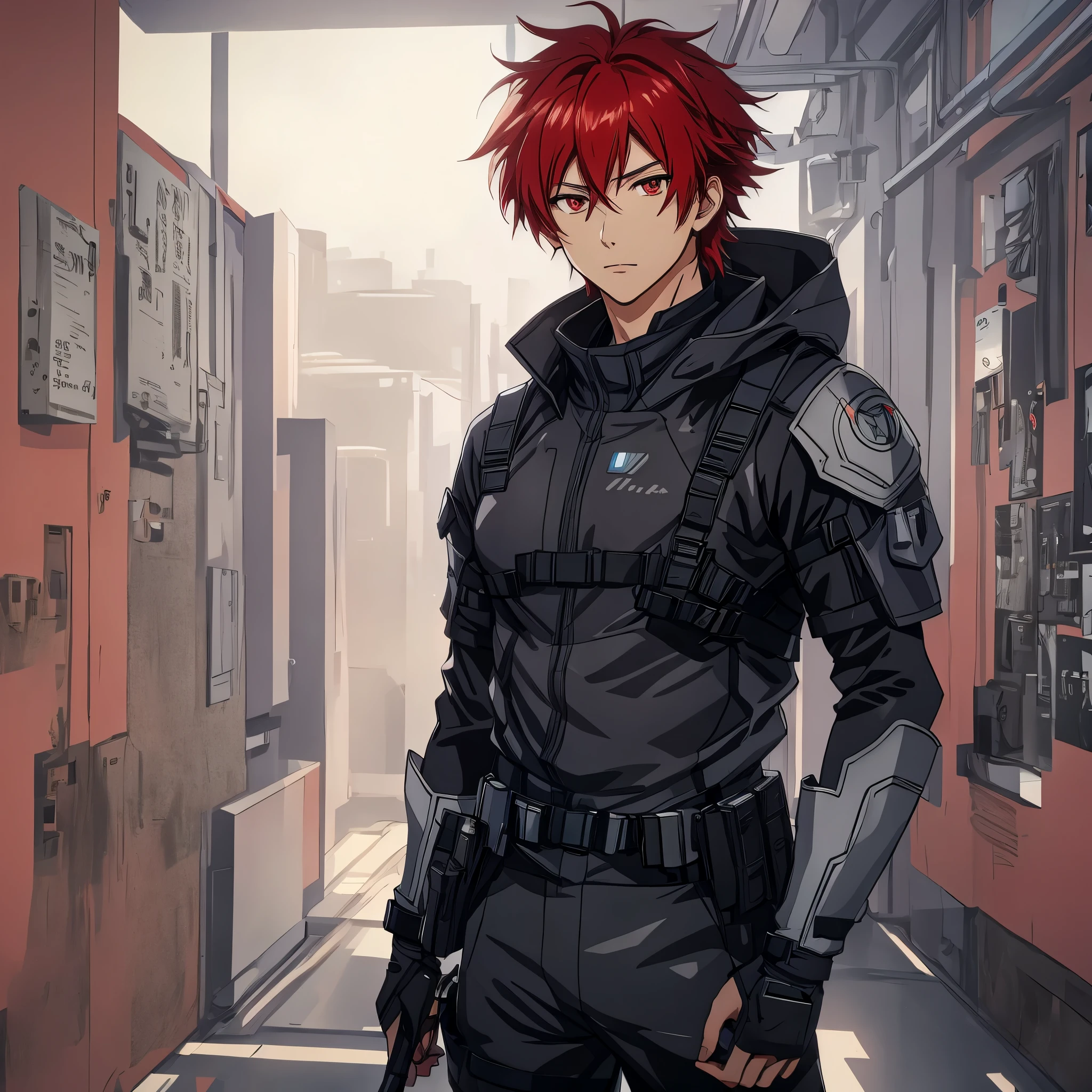 1 male, solo, red hair , anime character wearing combat suit, kaworu nagisa, anime handsome man, male anime character, tall anime guy with red eyes, hajime yatate, anime, fubuki, action anime pose, yukito kishiro, young anime man, official art, makoto kano, male anime style, masterpiece, rtx, ray tracing, highly detailed, best quality, official art