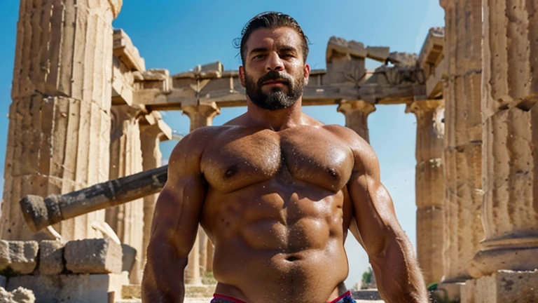 8k, RAW photo, Fujifilm, style photo, a potrait of body builder ancient greek man with ancient greek architecture, a stereotypical strong greek man, with vibrant colours, a greek man with robes