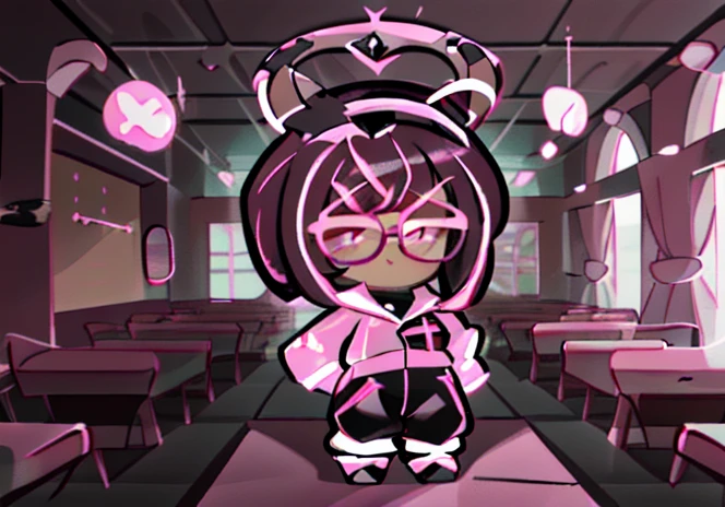 Black Cherry Cookie on Classroom, Dark Pink Hair, short big spiked hair, swept bangs, horns, Hot Pink Square Glasses, Dark Brown Tracksuit, Surrealism, Artist: Kim Sujeong , 8k, 1080P