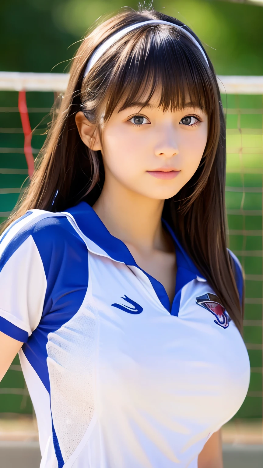 masterpiece, highest quality, Super detailed, shape, beautiful and detailed eyes, close, 1 girl, beautiful japanese girl、volleyball uniform、big breasts、Hair length medium、The whole body is reflected、upright