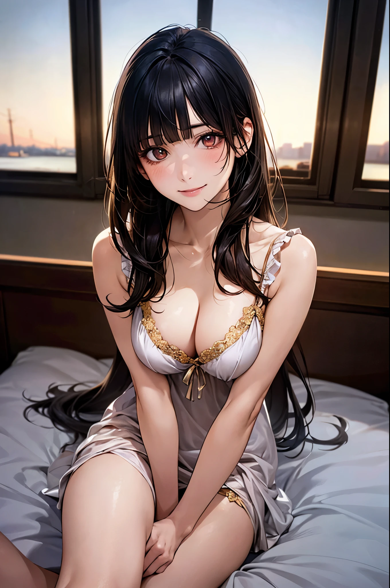 (masterpiece:1.2, top-quality), (realistic, photorealistic:1.4), beautiful illustration, (natural side lighting, movie lighting), nsfw,
looking at viewer, cowboy shot, front view:0.6, 1 girl, japanese, high school girl, perfect face, cute and symmetrical face, shiny skin,
(long hair:1.8, straight hair:1.7, hair intakes, black hair), blunt bangs, gold eyes, long eye lasher, (large breasts:0.8, thick thighs),
beautiful hair, beautiful face, beautiful detailed eyes, beautiful clavicle, beautiful body, beautiful chest, beautiful thigh, beautiful legs, beautiful fingers,
((nightgown)),
(beautiful scenery), night, girl's room, bed, sitting bed, (half-closed eye,lovely smile, upper eyes),