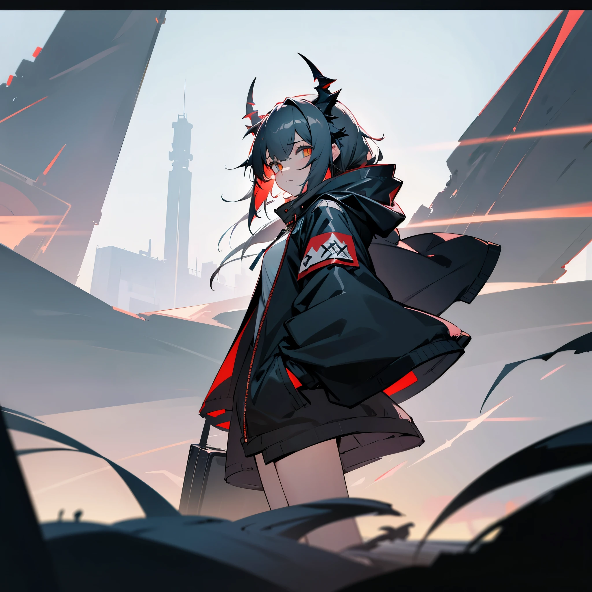 1girl, jacket, outdoor, hoodie, open jacket, chain,cute, kawai, looking at another, trending on artstation, 8k resolution, highly detailed, anatomically correct, sharp image, digital painting, concept art, trending on pixiv, soft femenine colors ,yellow, monocromatic colors, black and white, attractive aspect, hot look, arknights looks, arknights anime, devil horns, detailed anime eyes