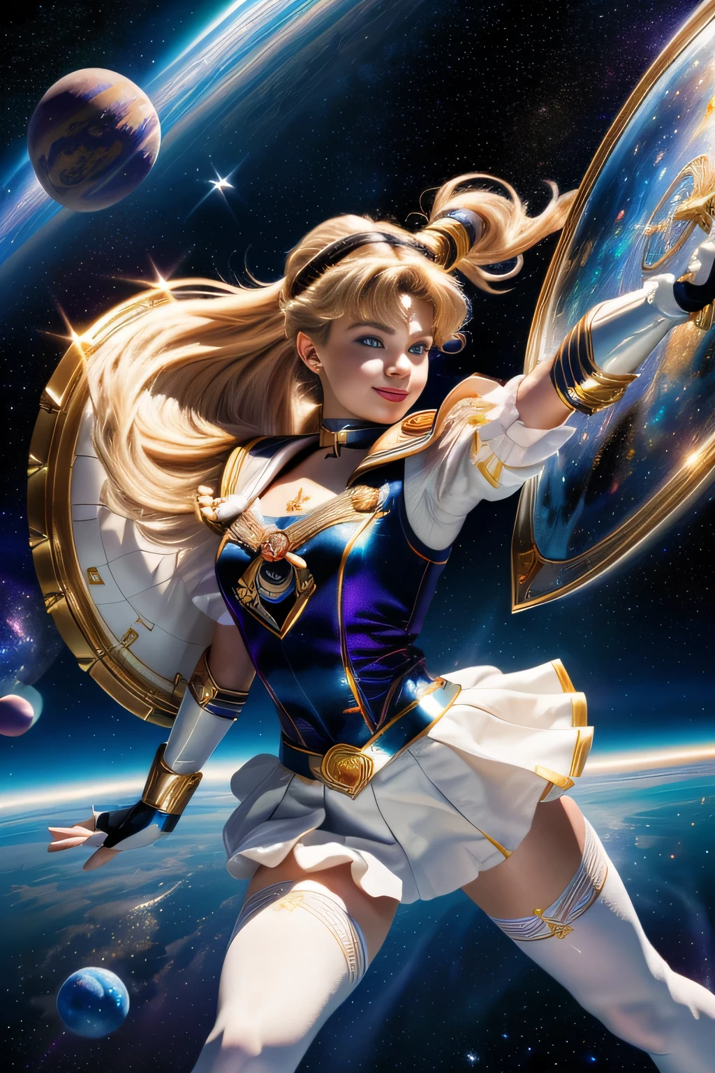 (portrait), (Highly detailed CG Unity 8K wallpaper, masterpiece, 最high quality), (exquisite light and shadow, Very dramatic pictures, cinematic lens effects), (sailor moon), delicate features, plump body, double ponytail, blue eyes, long blonde hair, tight top, white gloves, mini skirt, black stockings, dynamic pose), ((The background is space)), (excellent details, excellent lighting, wide angle), (Excellent rendering is、Enough to stand out in class), pieces fly, 最high quality, Super detailed, masterpiece, 最high quality, high quality, High resolution、unparalleled beauty、((Complex and colorful costumes))、Mr.々movement pose、smile、