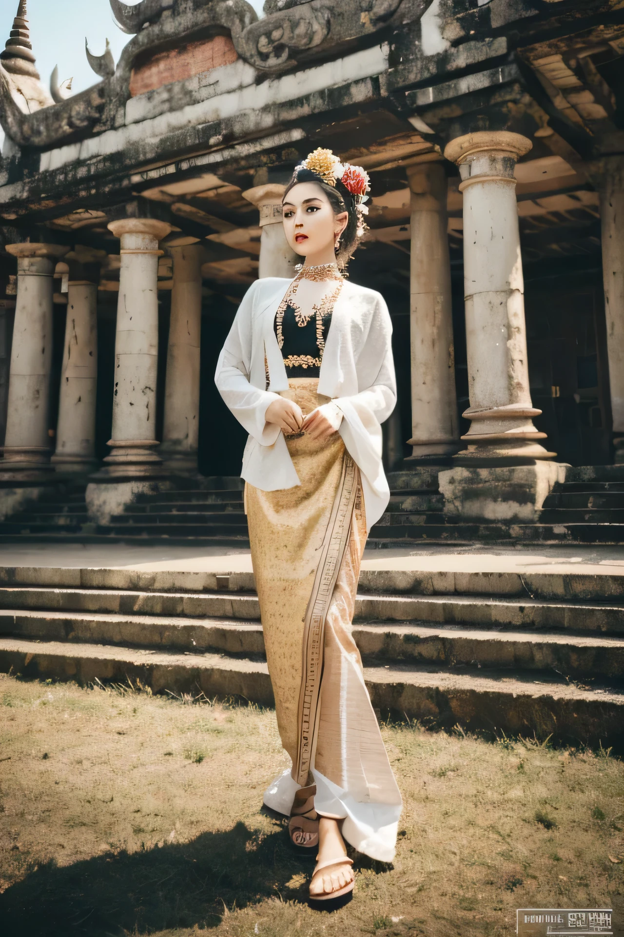 MMTD Burmese patterned traditional dress lady full body details, golden color dress, burmese hair style, wearing ornaments, perfect anatomy, nice face, fair skin, holding traditional lacquer ware flowers basket, sunlight, shade and shadow performance, Bagan temple at background, octane rendering, unreal engine, sharp focus, cenimatic lightning and hyper realistic details,32k, stick movie star style, best composition, fashion magazine cover style, Background with giant pagoda