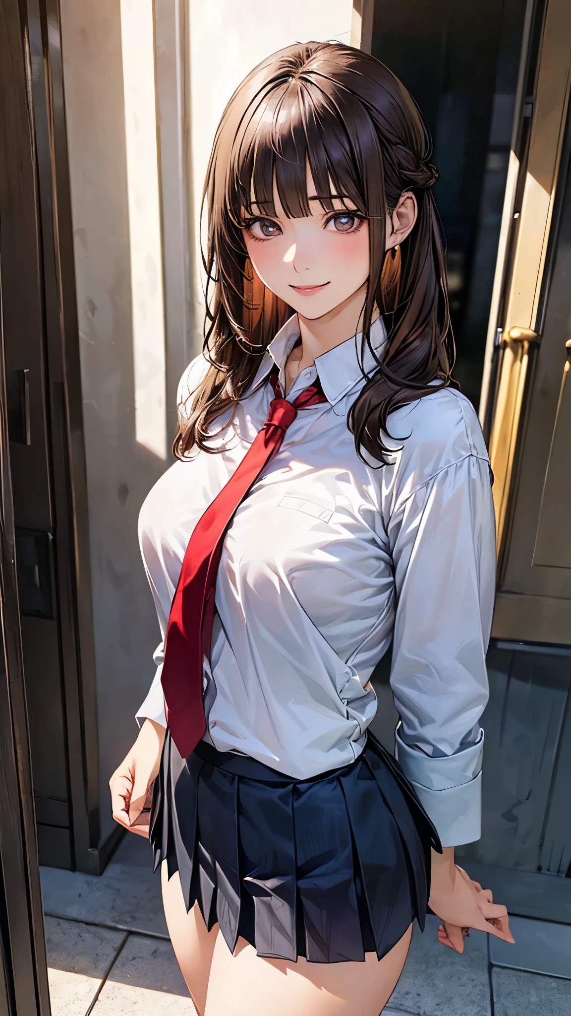 (masterpiece:1.2, top-quality), (realistic, photorealistic:1.4), beautiful illustration, (natural side lighting, movie lighting), nsfw,
looking at viewer, cowboy shot, front view:0.6, 1 girl, japanese, high school girl, perfect face, cute and symmetrical face, shiny skin,
(long hair:1.6, half updo:1.5, brown hair), blunt bangs, gold eyes, long eye lasher, (large breasts:0.8, thick thighs),
beautiful hair, beautiful face, beautiful detailed eyes, beautiful clavicle, beautiful body, beautiful chest, beautiful thigh, beautiful legs, beautiful fingers,
((white collared shirts, navy jacket, grey pleated mini skirt, black socks, black loafers, red tie)),
(beautiful scenery), evening, riverside, standing, (half-closed eye,lovely smile, upper eyes),