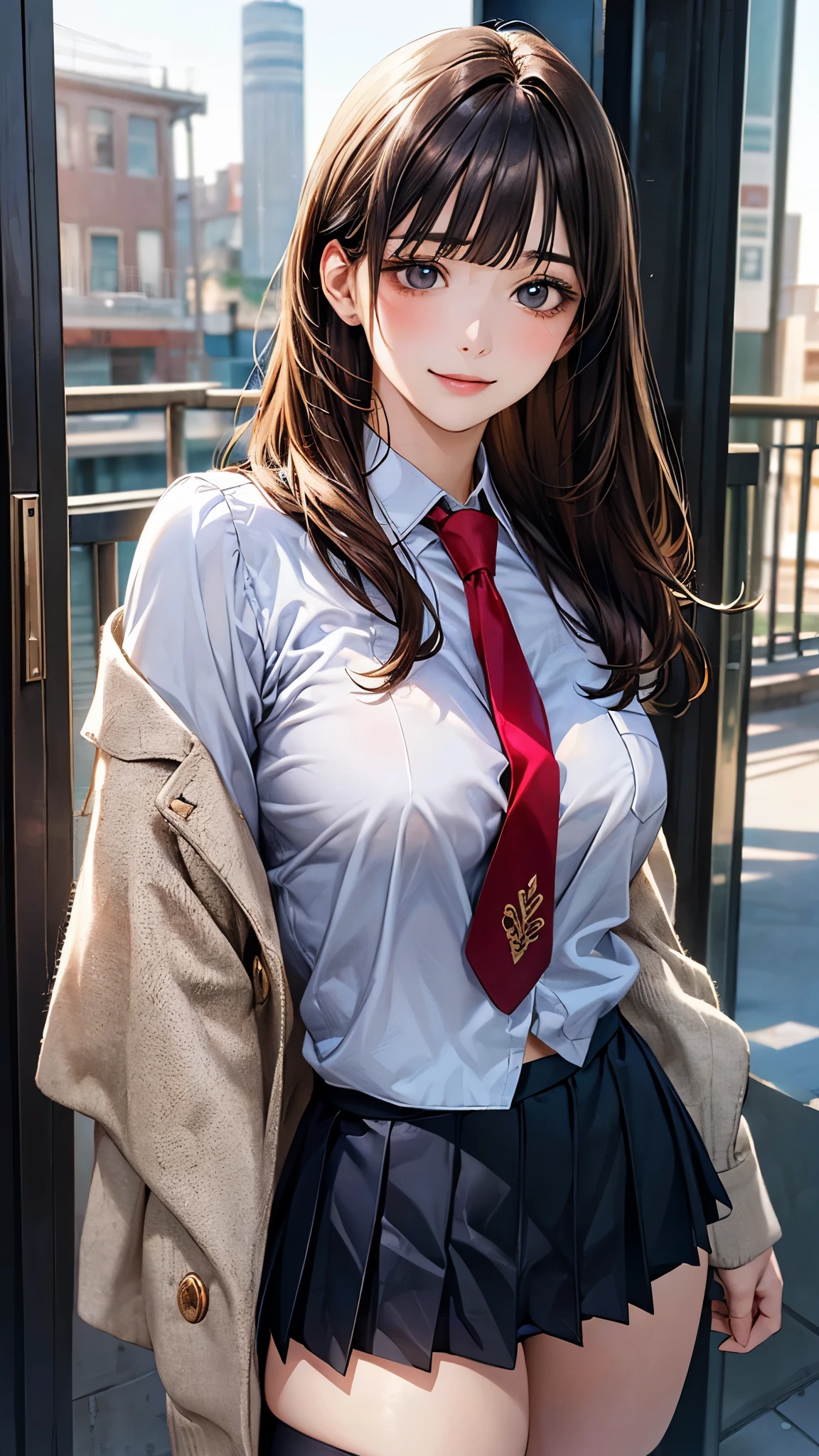 (masterpiece:1.2, top-quality), (realistic, photorealistic:1.4), beautiful illustration, (natural side lighting, movie lighting), nsfw,
looking at viewer, cowboy shot, front view:0.6, 1 girl, japanese, high school girl, perfect face, cute and symmetrical face, shiny skin,
(long hair:1.6, half updo:1.5, brown hair), blunt bangs, gold eyes, long eye lasher, (large breasts:0.8, thick thighs),
beautiful hair, beautiful face, beautiful detailed eyes, beautiful clavicle, beautiful body, beautiful chest, beautiful thigh, beautiful legs, beautiful fingers,
((white collared shirts, navy jacket, grey pleated mini skirt, black socks, black loafers, red tie)),
(beautiful scenery), evening, riverside, standing, (half-closed eye,lovely smile, upper eyes),