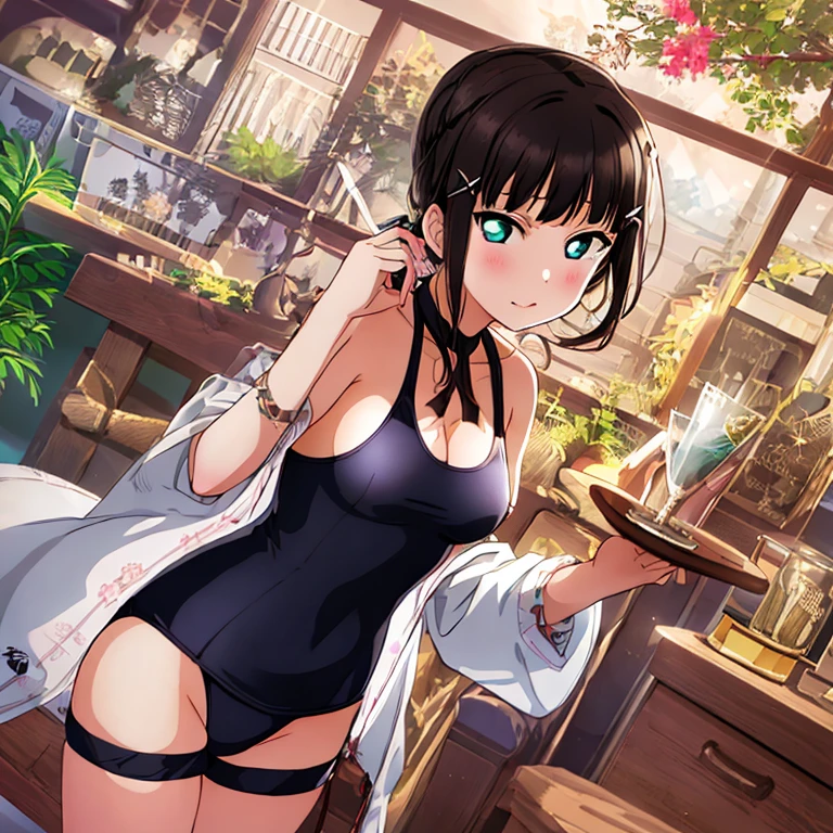 best quality, very aesthetic, Super detailed, best illustration, 1girl, おっぱい, black_hair, one-piece swimsuit