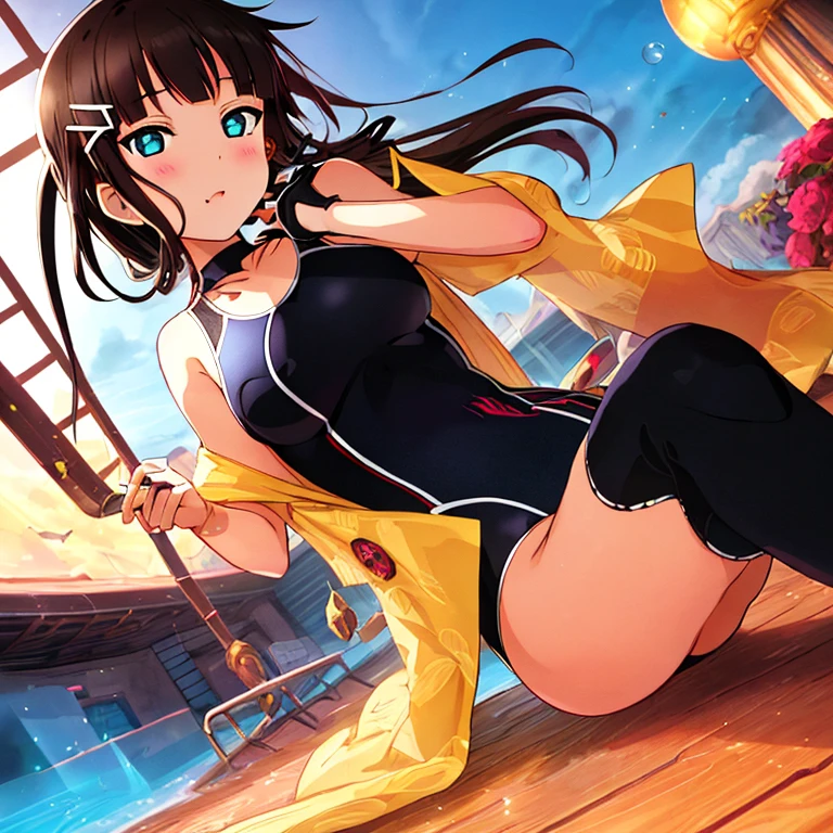 best quality, very aesthetic, Super detailed, best illustration, 1girl, おっぱい, black_hair, one-piece swimsuit