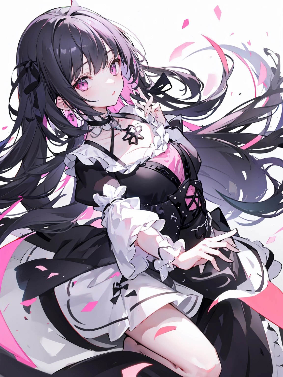 1 girl、black hair、Pink eyes、long hair、black dress、ribbon、white background、simple background