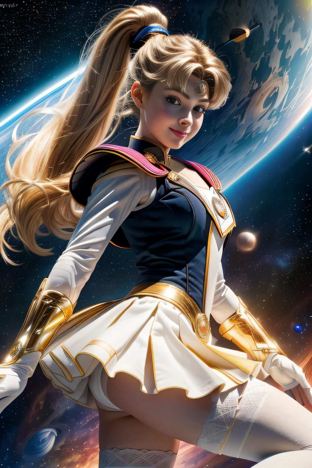 (Highly detailed CG Unity 8K wallpaper, masterpiece, 最high quality), (exquisite light and shadow, Very dramatic pictures, cinematic lens effects), (sailor moon), delicate features, plump body, double ponytail, blue eyes, long blonde hair, tight top, white gloves, mini skirt, black stockings, dynamic pose), ((The background is space)), (excellent details, excellent lighting, wide angle), (Excellent rendering is、Enough to stand out in class), pieces fly, 最high quality, Super detailed, masterpiece, 最high quality, high quality, High resolution、unparalleled beauty、(holds big things, round shield on right hand)、((Complex and colorful costumes))、Pose with movement、smile