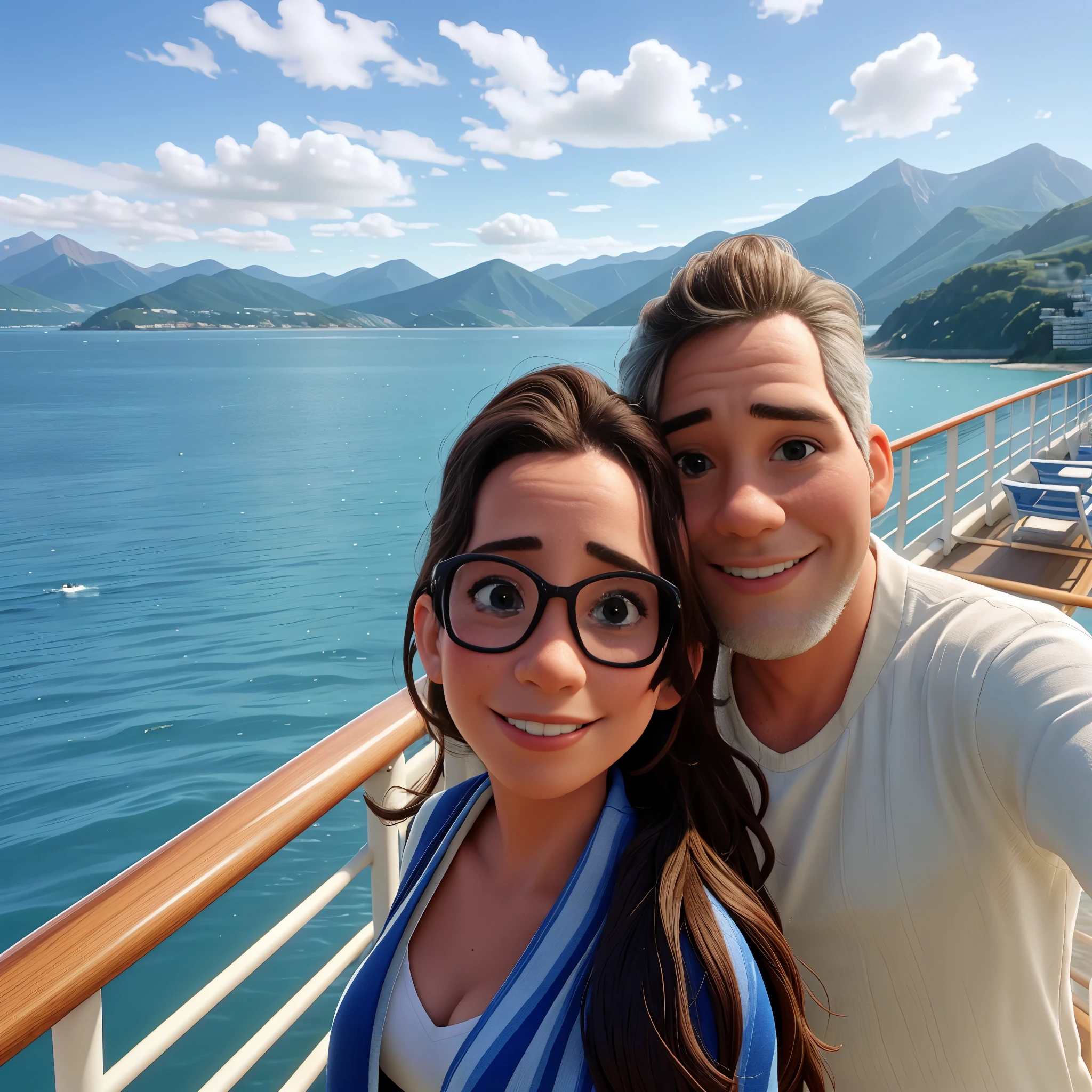 there is a man and woman taking a selfie on a cruise ship, vacation photo, on the ocean, momma and papa, with mountains in the background, on the sea, having a great time, with mountains in background, karla ortiz, the ocean in the background, foto, beautiful sunny day, on the ocean water, ocean in the background