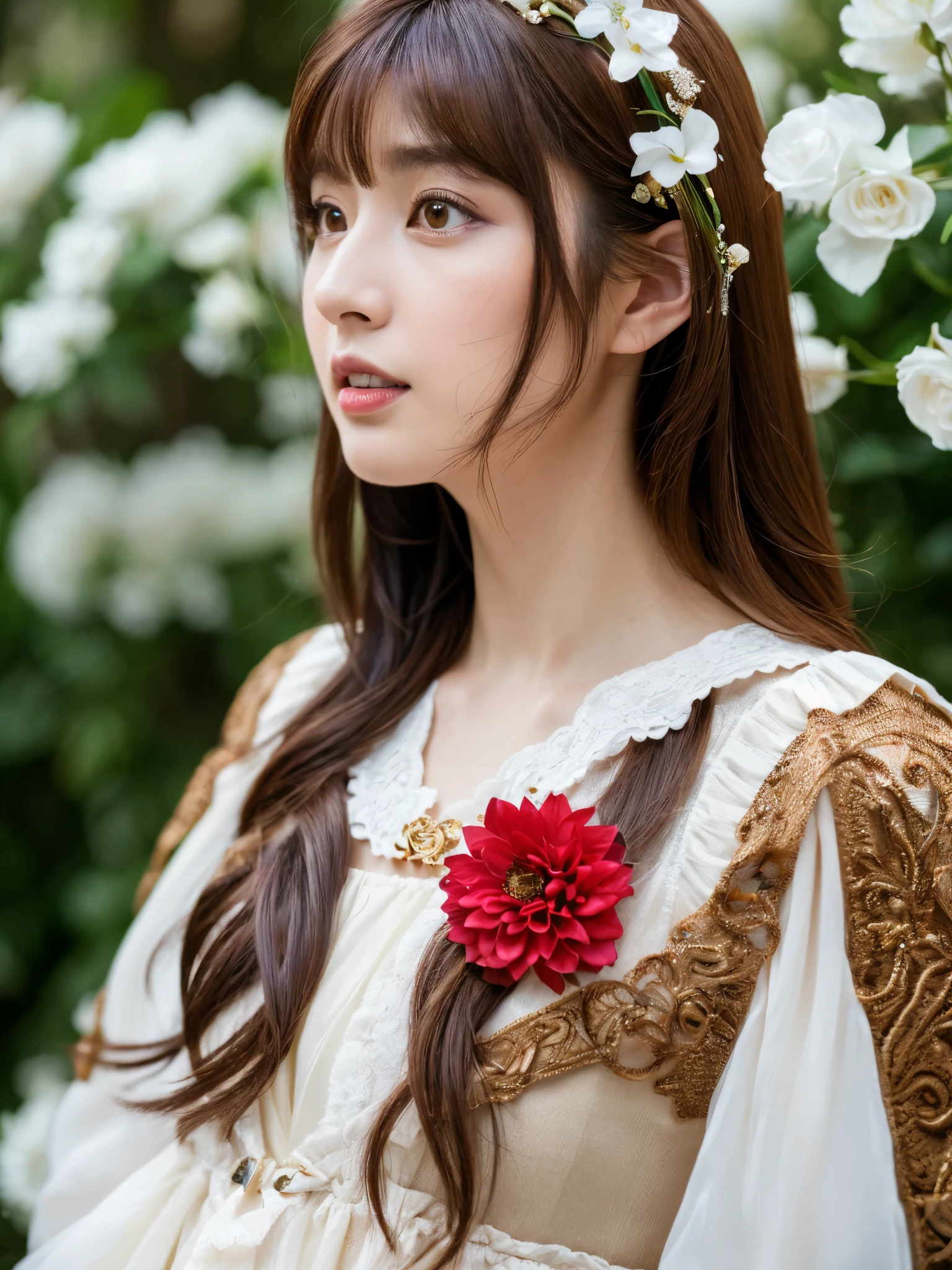 (Best Quality Detail:1.2), realisitic, 8K UHD, high resolution, Fuji Film(Medium format), Hasselblad, Carl zeiss, Incredible dynamic range photography(UTIL_Art by Smoose-768:1.1), (1girl in:1.2), The ultra-detailliert, High quality textures, intricate detailes, detaileds, Very detailed CG, High quality shadows, Detail Beautiful delicate face, Detail Beautiful delicate eyes, depth of fields, Ray traching, 30 years old, Pretty Japanese Girl, Slender face, Glossy lips, glow eyes, perfect body, look at viewer, (Jewelry Accessories), (Eye color brown), (Bright red flower hair ornament), (White long hair), (Layered Hair Style), (Black Gothic Lolita), White flowers bloom all over the wall