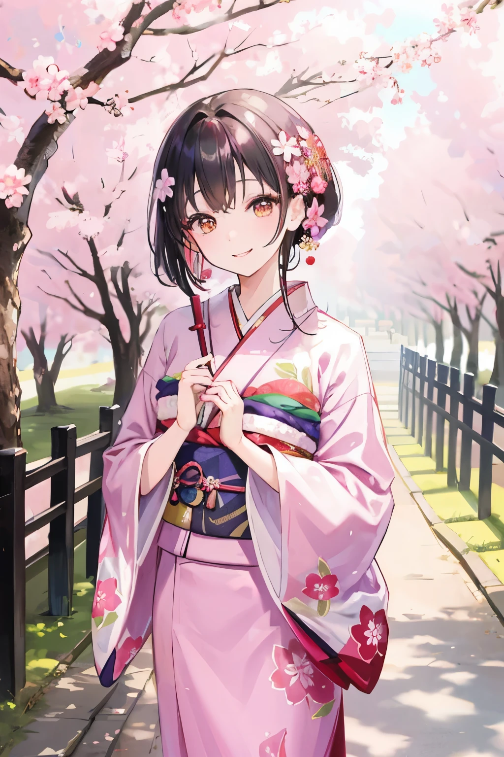 kimono, Furisode, Smiling, whole body, I'm in the temple grounds, Wearing a kimono with a cherry blossom pattern, spring