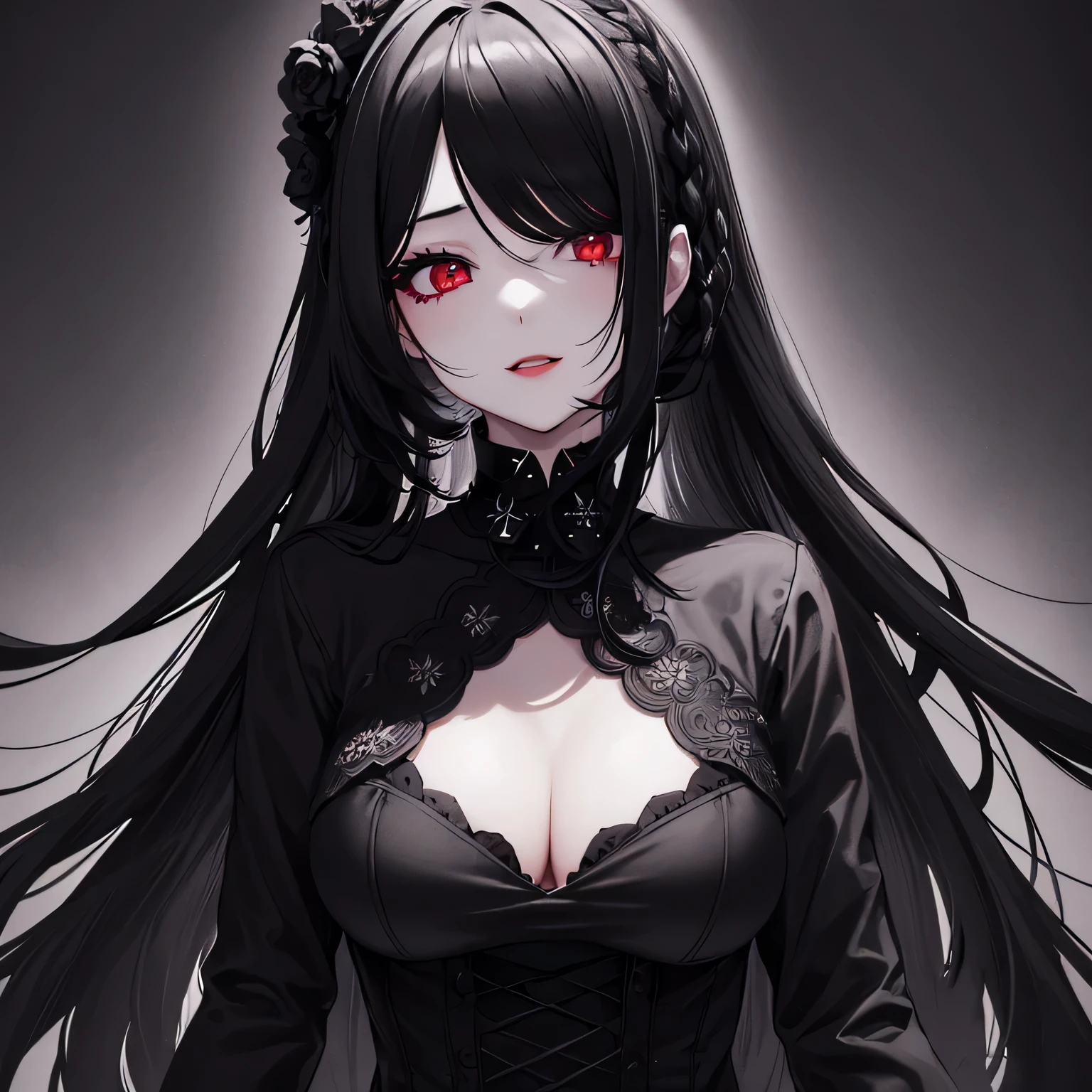 1 girl,Depp's Sense,confused,catch light,Super beautiful illustration,(black color,long hairstyles:1.6),turn around,dark dark eyeshadow,bright red lipstick,Gothic Lolita,Upper body,;d,beautiful and delicate flowing hair,delicate and detailed red eyes,big breasts