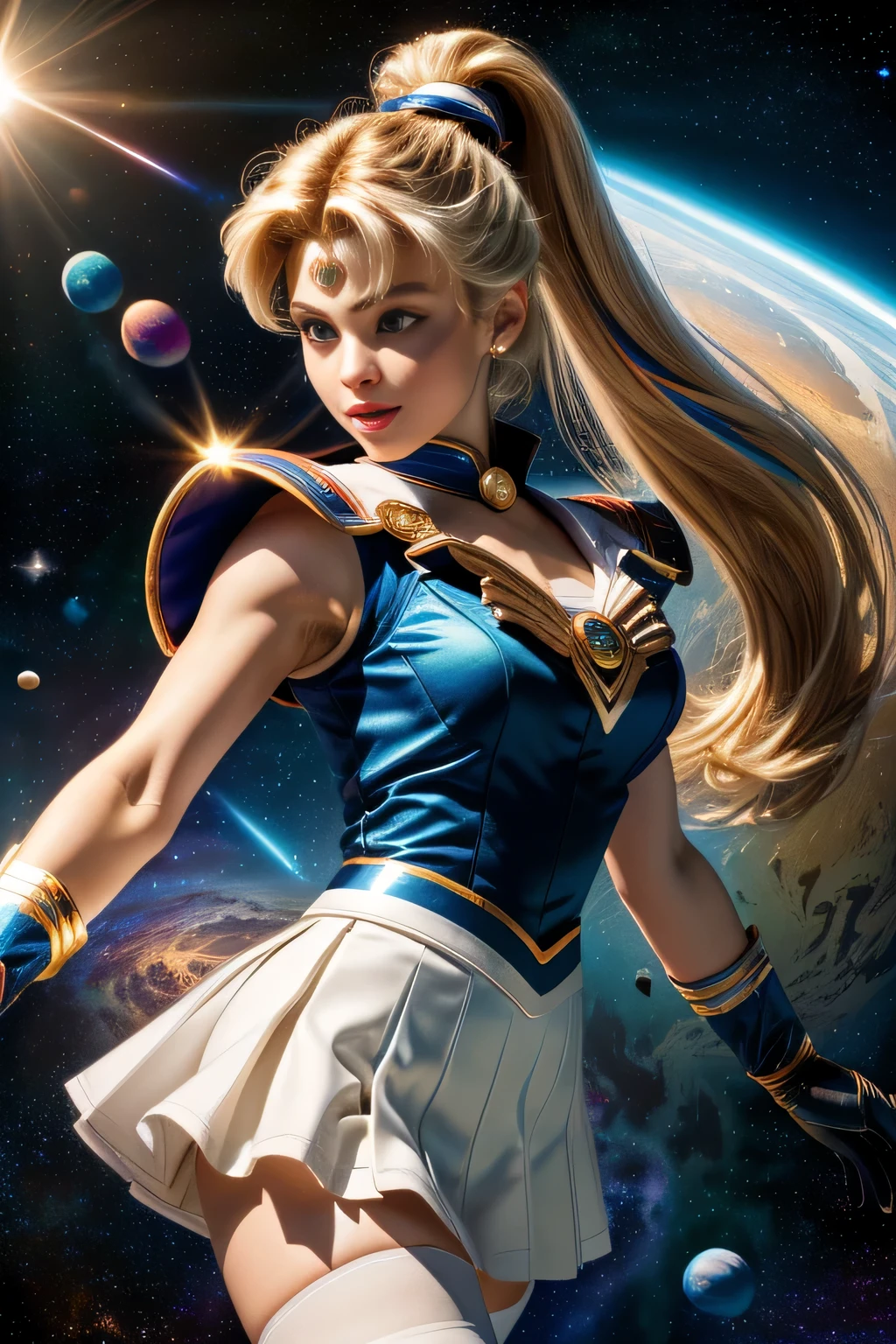 (Highly detailed CG Unity 8K wallpaper, masterpiece, 最high quality), (exquisite light and shadow, Very dramatic pictures, cinematic lens effects), (sailor moon), delicate features, plump body, double ponytail, blue eyes, long blonde hair, tight top, white gloves, mini skirt, black stockings, dynamic pose), ((The background is space)), (excellent details, excellent lighting, wide angle), (Excellent rendering is、Enough to stand out in class), pieces fly, 最high quality, Super detailed, masterpiece, 最high quality, high quality, High resolution、unparalleled beauty、(holds big things, round shield on right hand)、((Complex and colorful costumes))、Pose with movement、