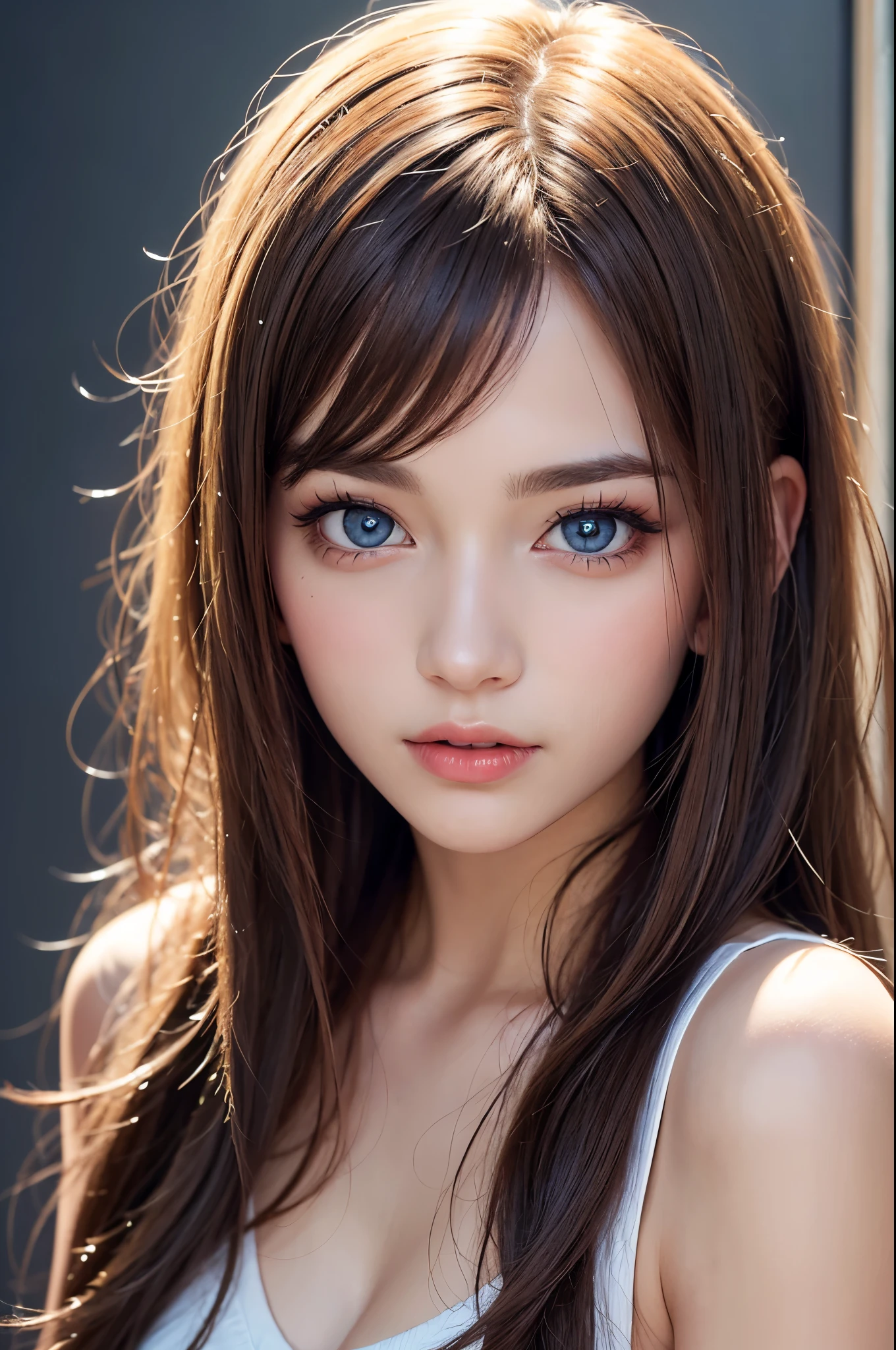 top-quality、超A high resolution、(Photorealsitic:1.4)、(Details Beautiful Girl:1.4)、(mideum breasts:0.8)、up looking_で_viewer、A detailed face、beatiful detailed eyes,hair、blue eyess、Thin、haunting smile、(makeups:0.3)、red-lips、mysterious background(ulzzang -6500-v1.1:0.3)