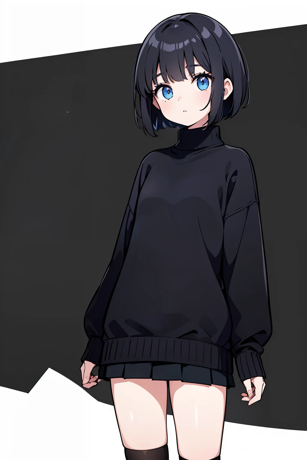 1girl, solo, blue eyes, (detailed eyes), flat chest, short hair, black hair, ((sweater)), long sleeves, black skirt, black socks, standing, upper body, (white background), Transparent background, looking down, ((masterpiece, illustration, best quality))