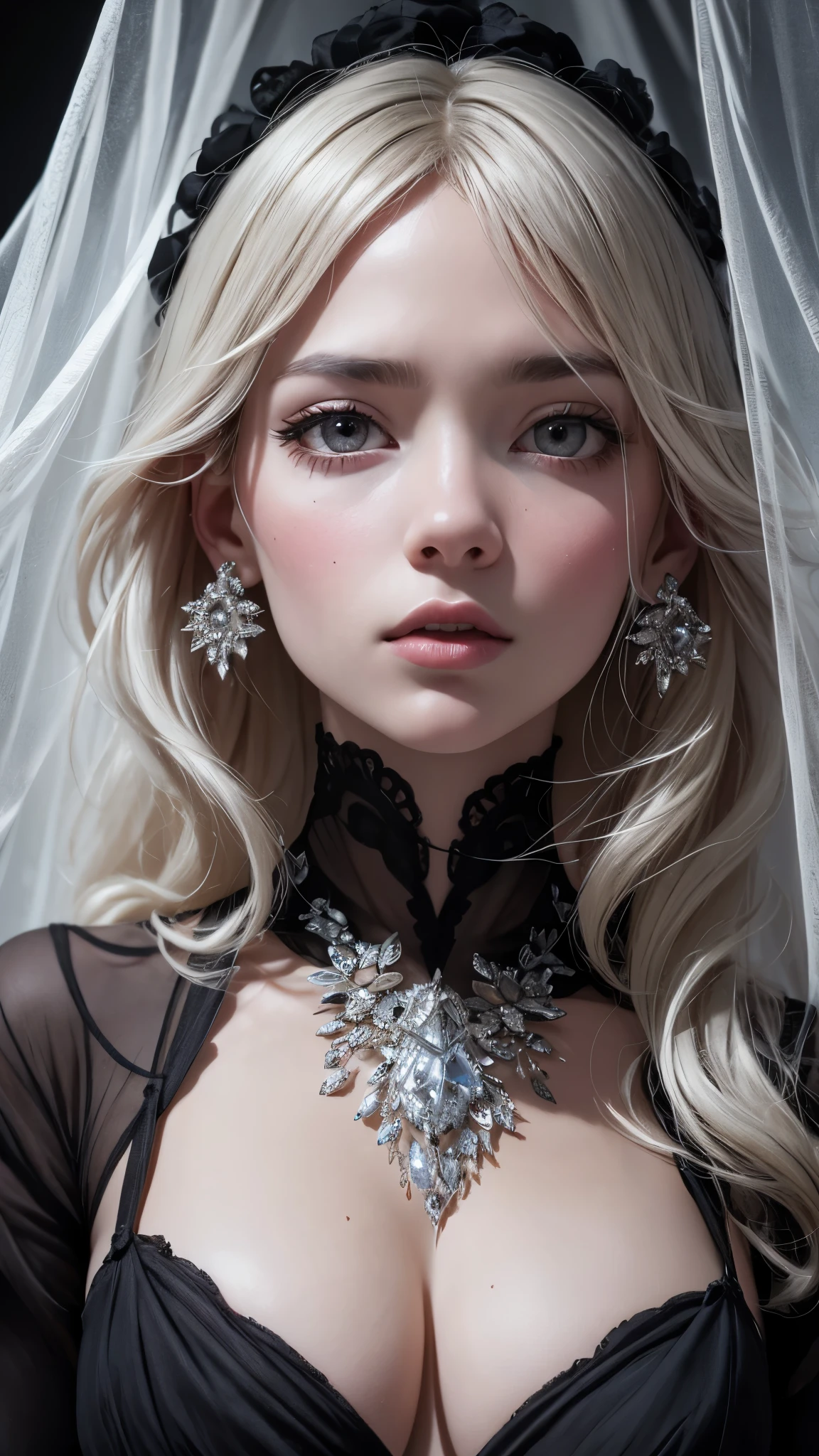 Highly complex, Very detailed, Haunting ethereal portrait in abstract style,Depicts a mysterious figure draped in translucent fabric, Crystals decorate their hair, In a dreamy swirl of soft tones and soft light, Evoking a sense of calm and elusive beauty, high detail, an award winning masterpiece,The details are incredible, Non-representative, Color and shape, expression of emotion, imaginative, Very detailed