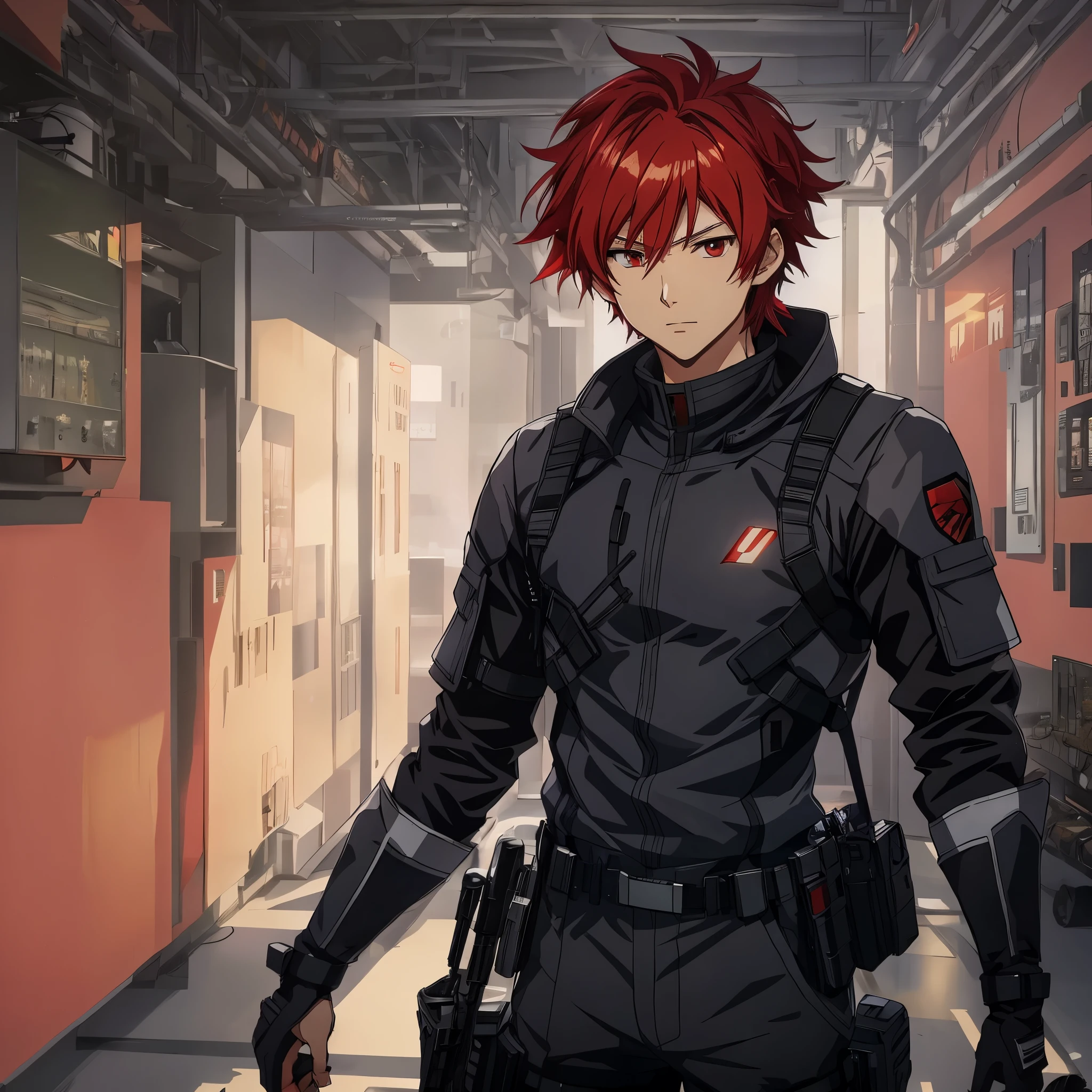 1 male, solo, red hair , anime character wearing combat suit, kaworu nagisa, anime handsome man, male anime character, tall anime guy with red eyes, hajime yatate, anime, fubuki, action anime pose, yukito kishiro, young anime man, official art, makoto kano, male anime style, masterpiece, rtx, ray tracing, highly detailed, best quality, official art