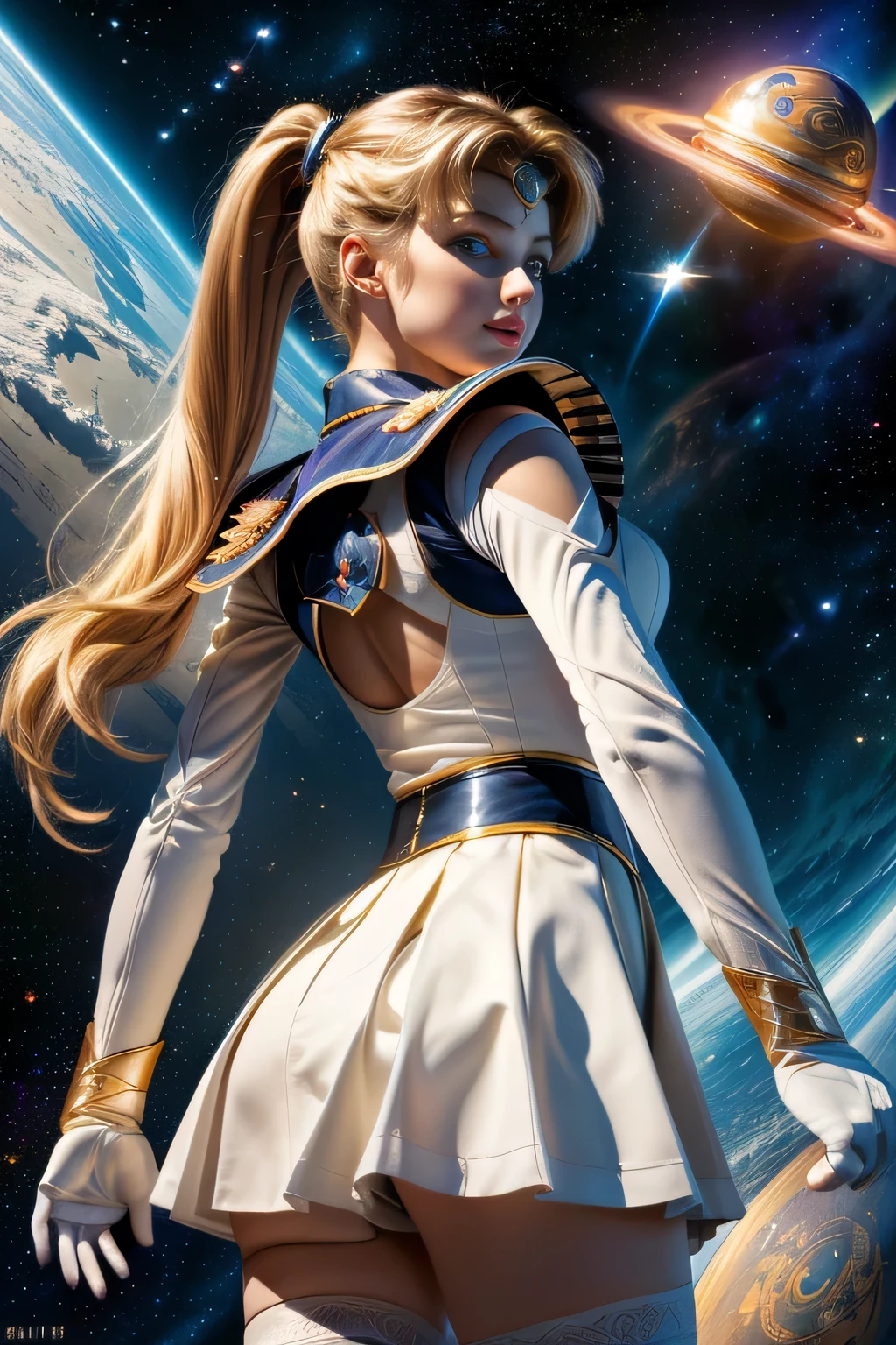 (Highly detailed CG Unity 8K wallpaper, masterpiece, 最high quality), (exquisite light and shadow, Very dramatic pictures, cinematic lens effects), (sailor moon), delicate features, plump body, double ponytail, blue eyes, long blonde hair, tight top, white gloves, mini skirt, black stockings, dynamic pose), ((The background is space)), (excellent details, excellent lighting, wide angle), (Excellent rendering is、Enough to stand out in class), pieces fly, 最high quality, Super detailed, masterpiece, 最high quality, high quality, High resolution、unparalleled beauty、(holds big things, round shield on right hand)、((Complex and colorful costumes))、Pose with movement、
