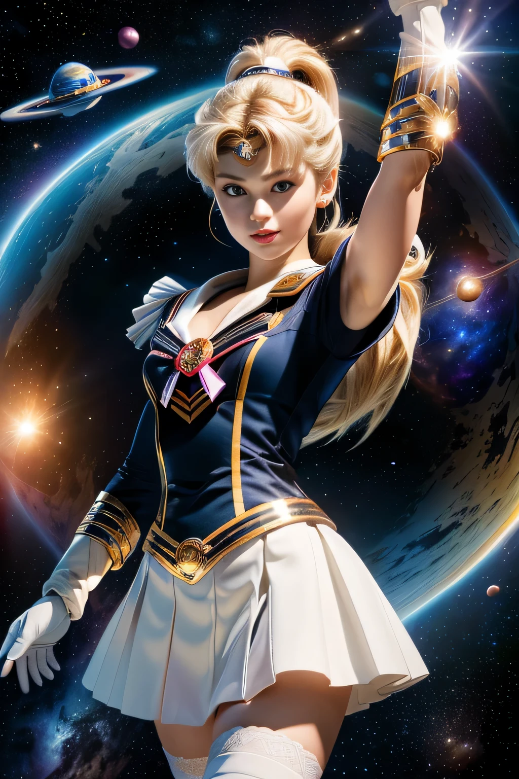 (Highly detailed CG Unity 8K wallpaper, masterpiece, 最high quality), (exquisite light and shadow, Very dramatic pictures, cinematic lens effects), (sailor moon), delicate features, plump body, double ponytail, blue eyes, long blonde hair, tight top, white gloves, mini skirt, black stockings, dynamic pose), ((The background is space)), (excellent details, excellent lighting, wide angle), (Excellent rendering is、Enough to stand out in class), pieces fly, 最high quality, Super detailed, masterpiece, 最high quality, high quality, High resolution、unparalleled beauty、(holds big things, round shield on right hand)、((Complex and colorful costumes))、Pose with movement、